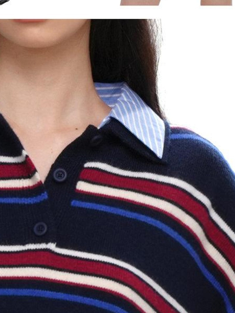 SweetChilling Striped Polo Collar Faux Two Piece Women&