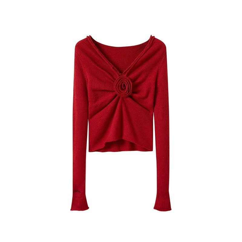 SweetChilling_V-neck_Front_Pleated_Rose_Embellishment_Women&