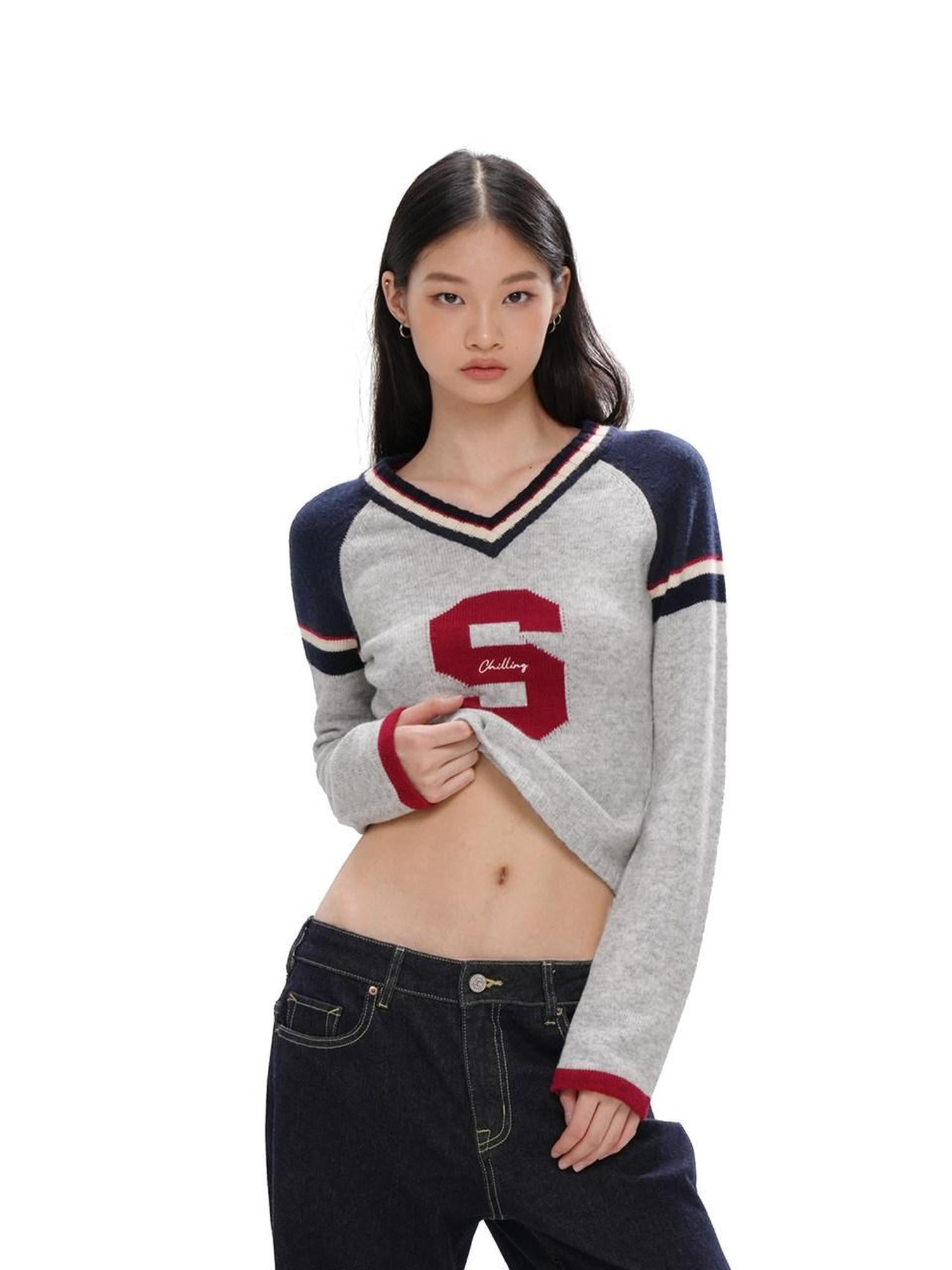 SweetChilling V-neck Jacquard Sport Short Cropped Slim Women&