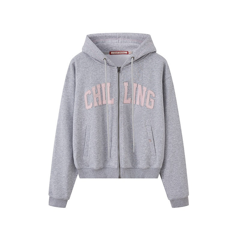 SweetChilling Varsity Letter Logo Applique Hooded Zip Women&