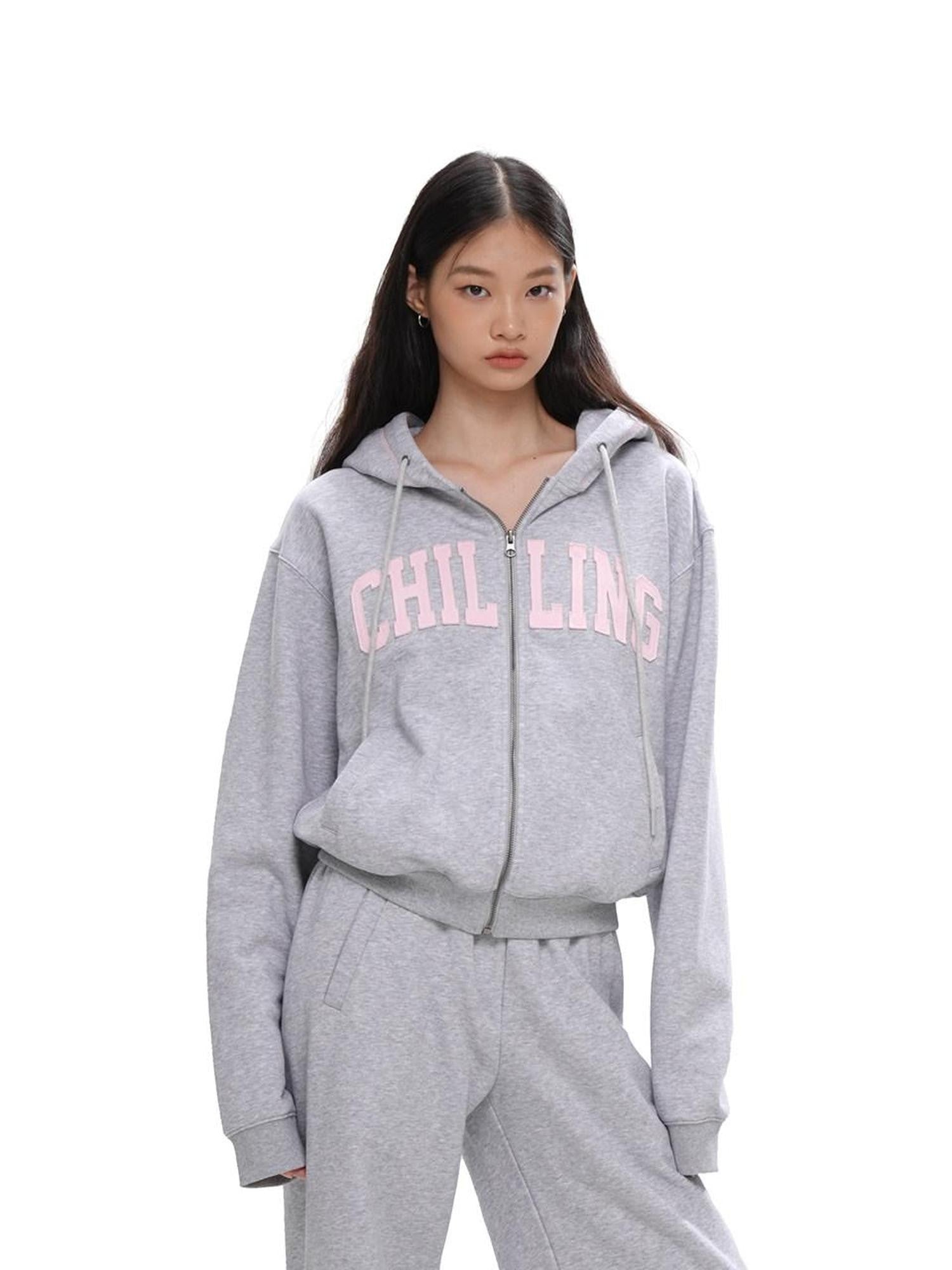SweetChilling Varsity Letter Logo Applique Hooded Zip Women&