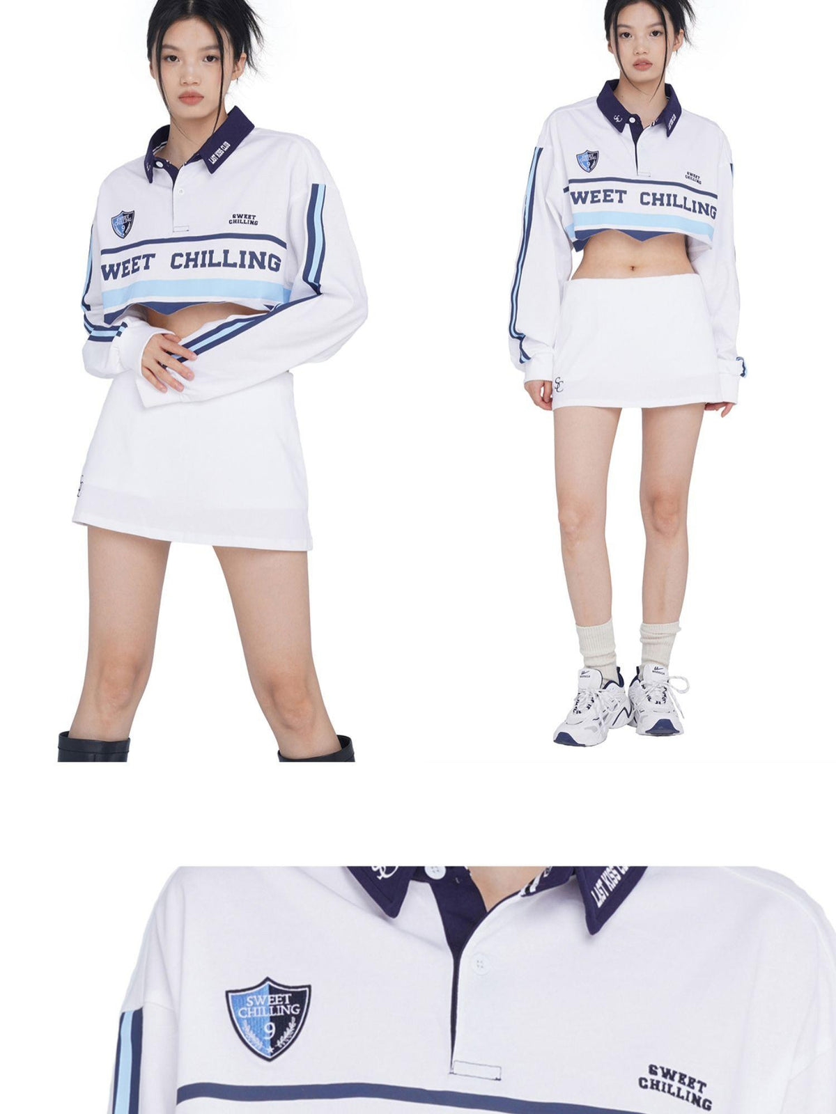 SweetChilling Vintage Distressed Long Sleeve Cotton Polo Top Women&