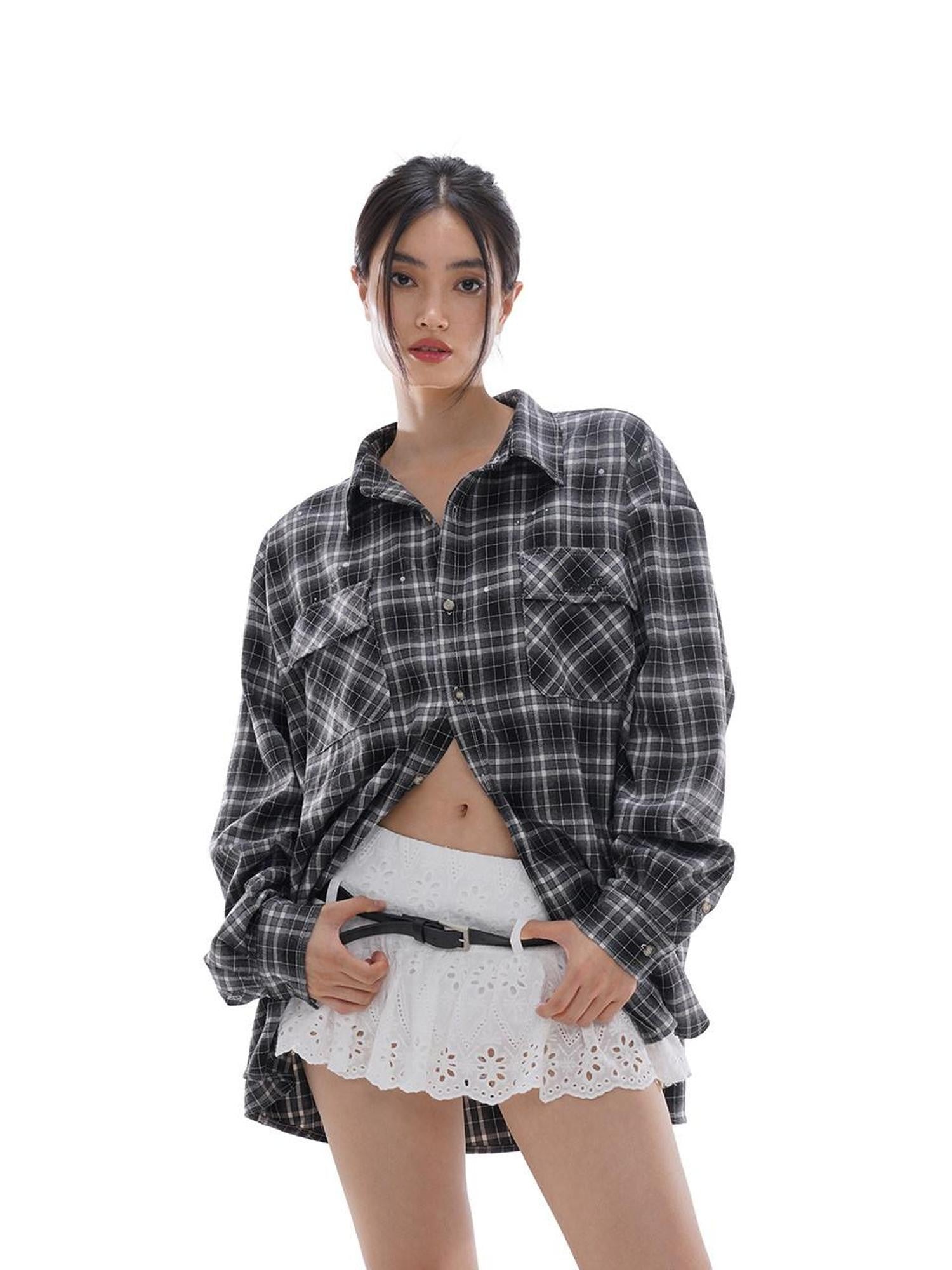 SweetChilling Vintage Distressed Plaid Oversized Boyfriend Women&