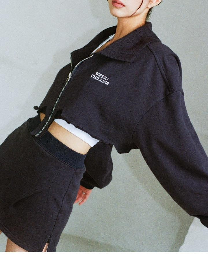 SweetChilling Zip Cropped Hoodie Elastic Waist Women&