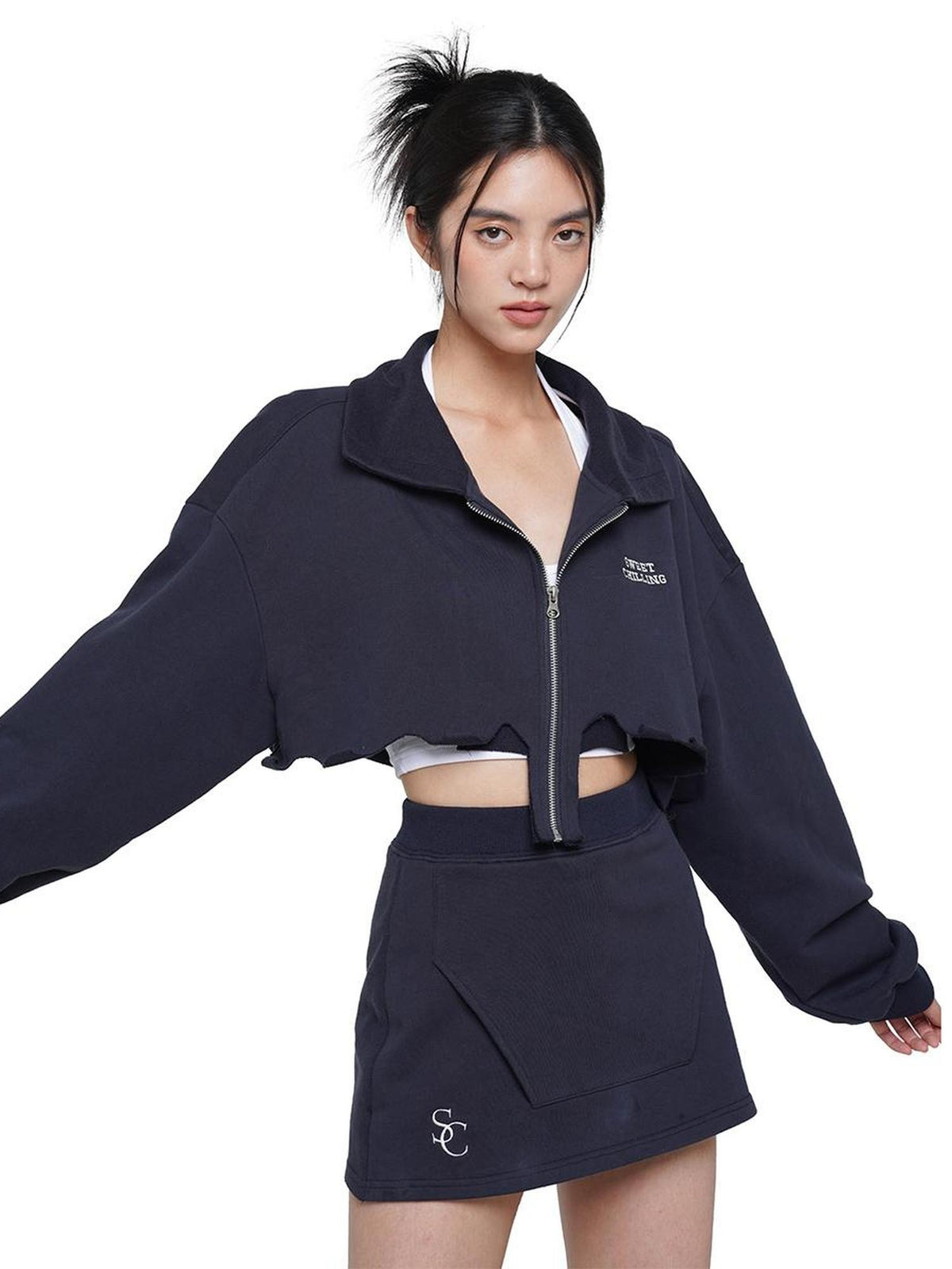 SweetChilling Zip Cropped Hoodie Elastic Waist Women&