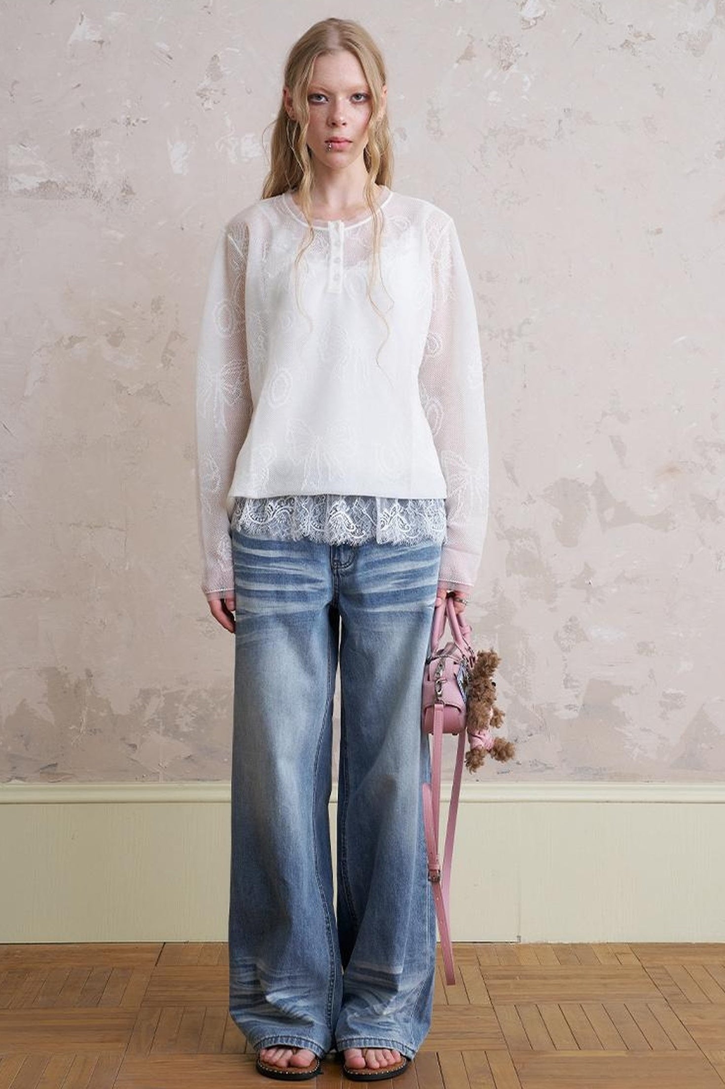 DIDDI MODA Sweet Bow Bear Henley Knit Top