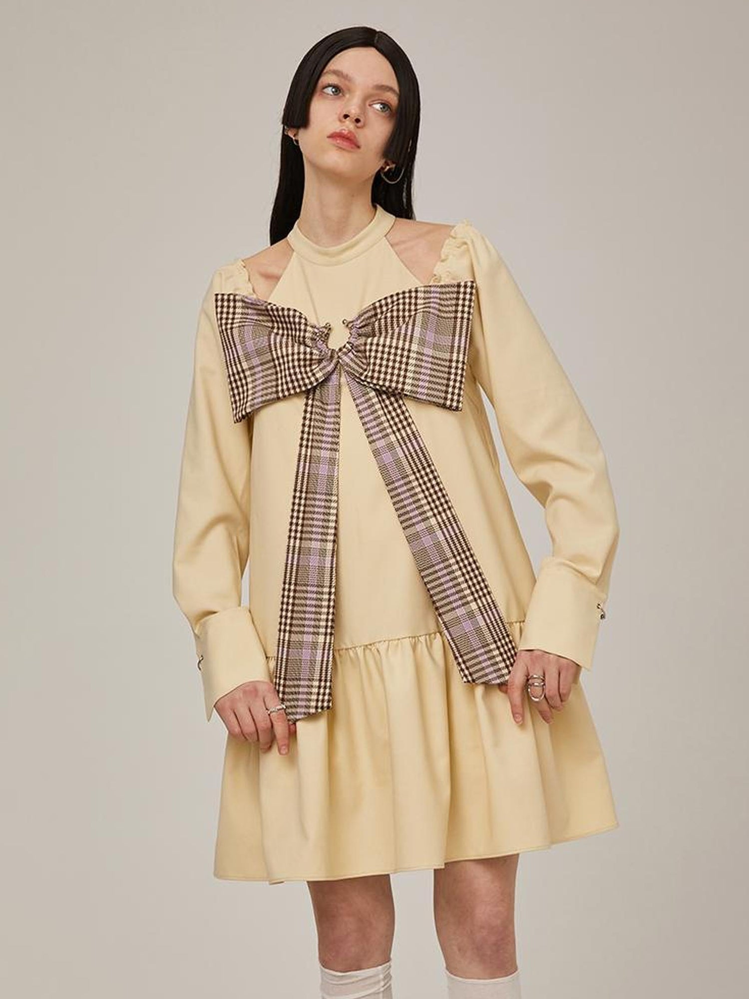 Sweet Bow Black Dress Elegant Lace Up Sleeves