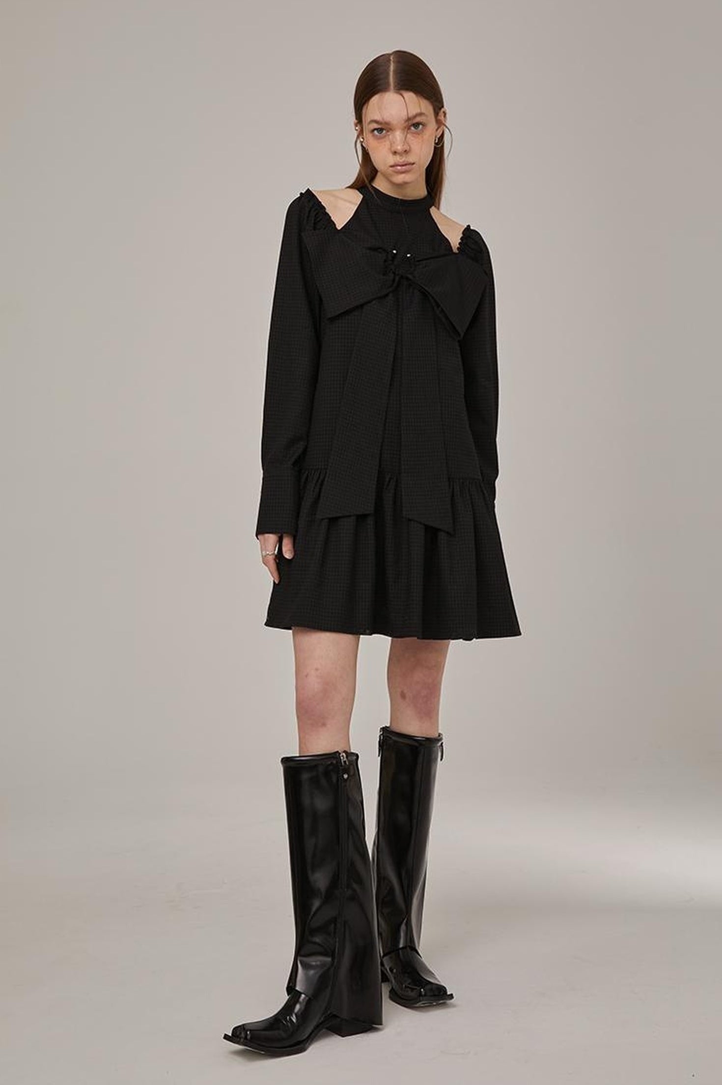 DIDDI MODA Sweet Bow Black Dress Elegant Lace Up Sleeves