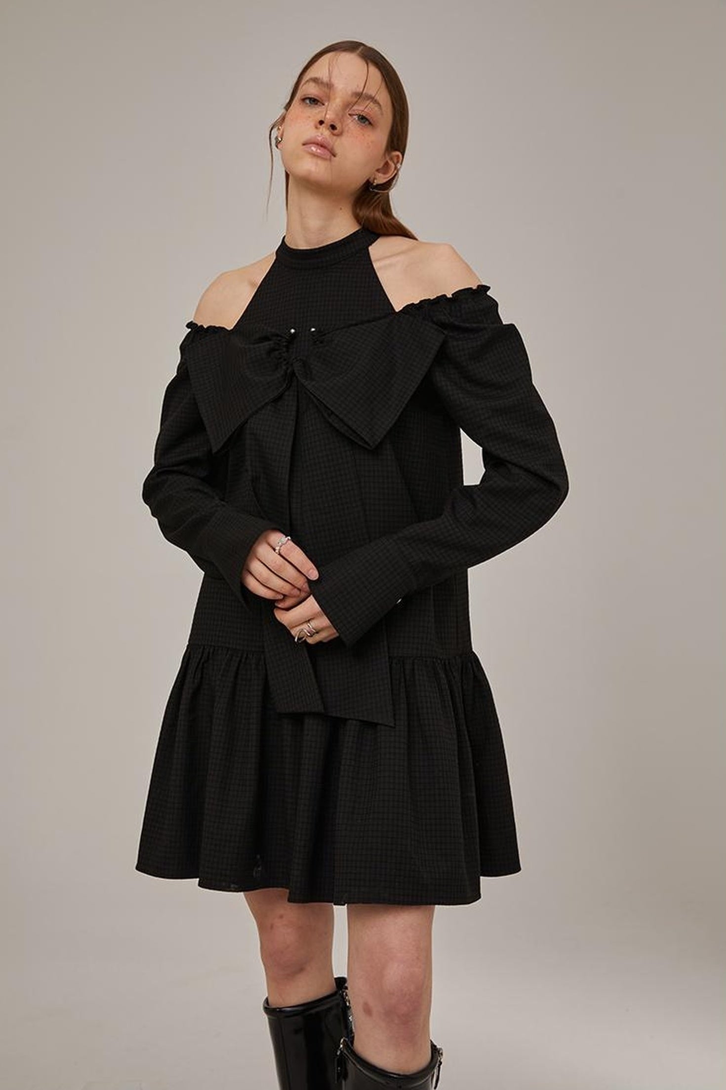 DIDDI MODA Sweet Bow Black Dress Elegant Lace Up Sleeves