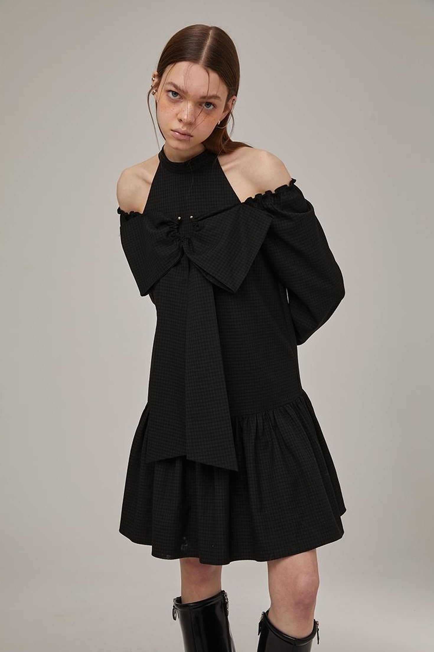 DIDDI MODA Sweet Bow Black Dress Elegant Lace Up Sleeves