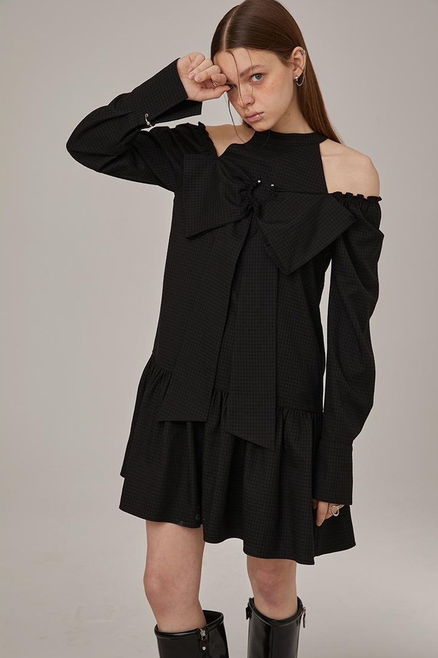 DIDDI MODA Sweet Bow Black Dress Elegant Lace Up Sleeves