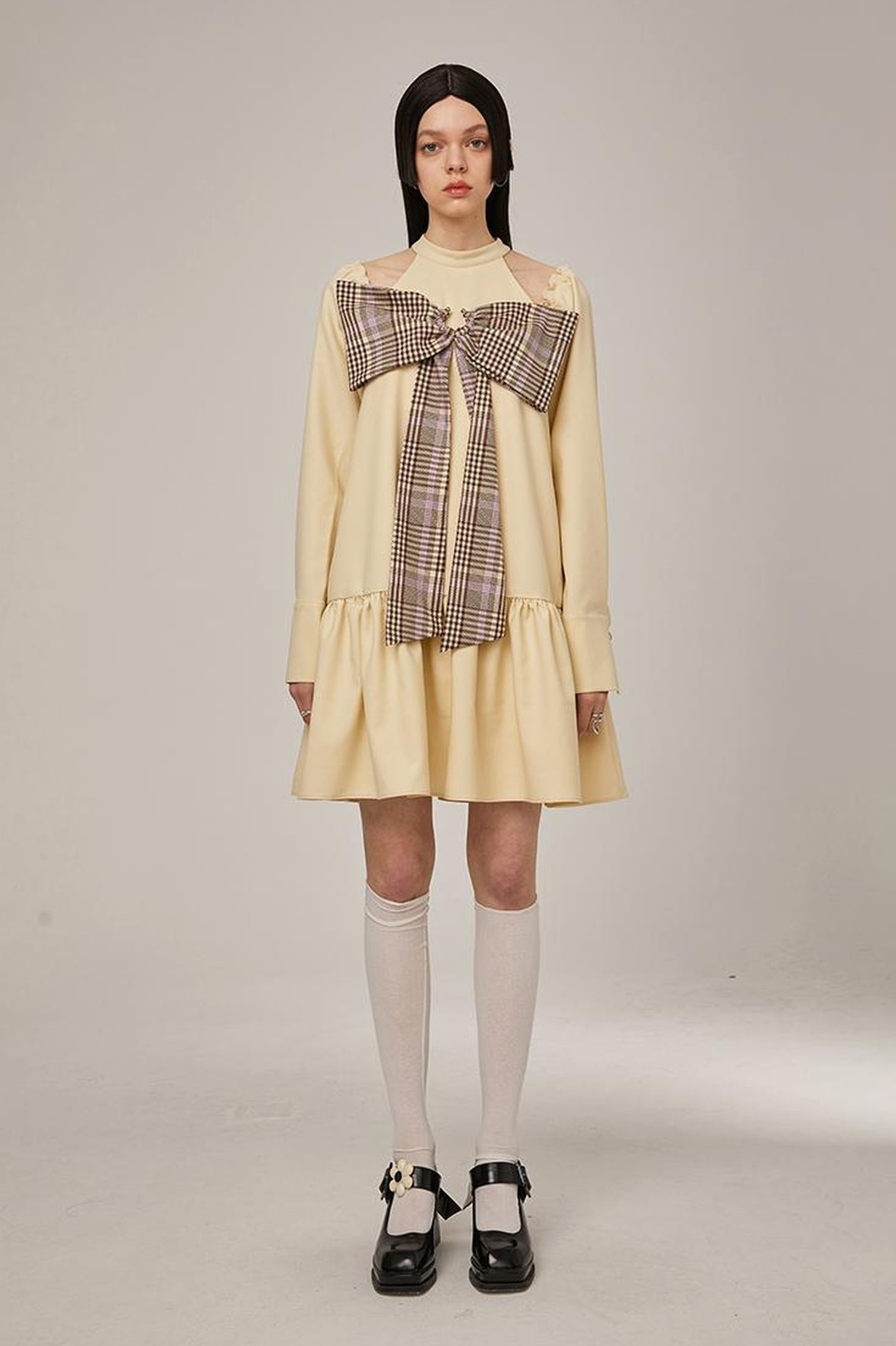 DIDDI MODA Sweet Bow Black Dress Elegant Lace Up Sleeves