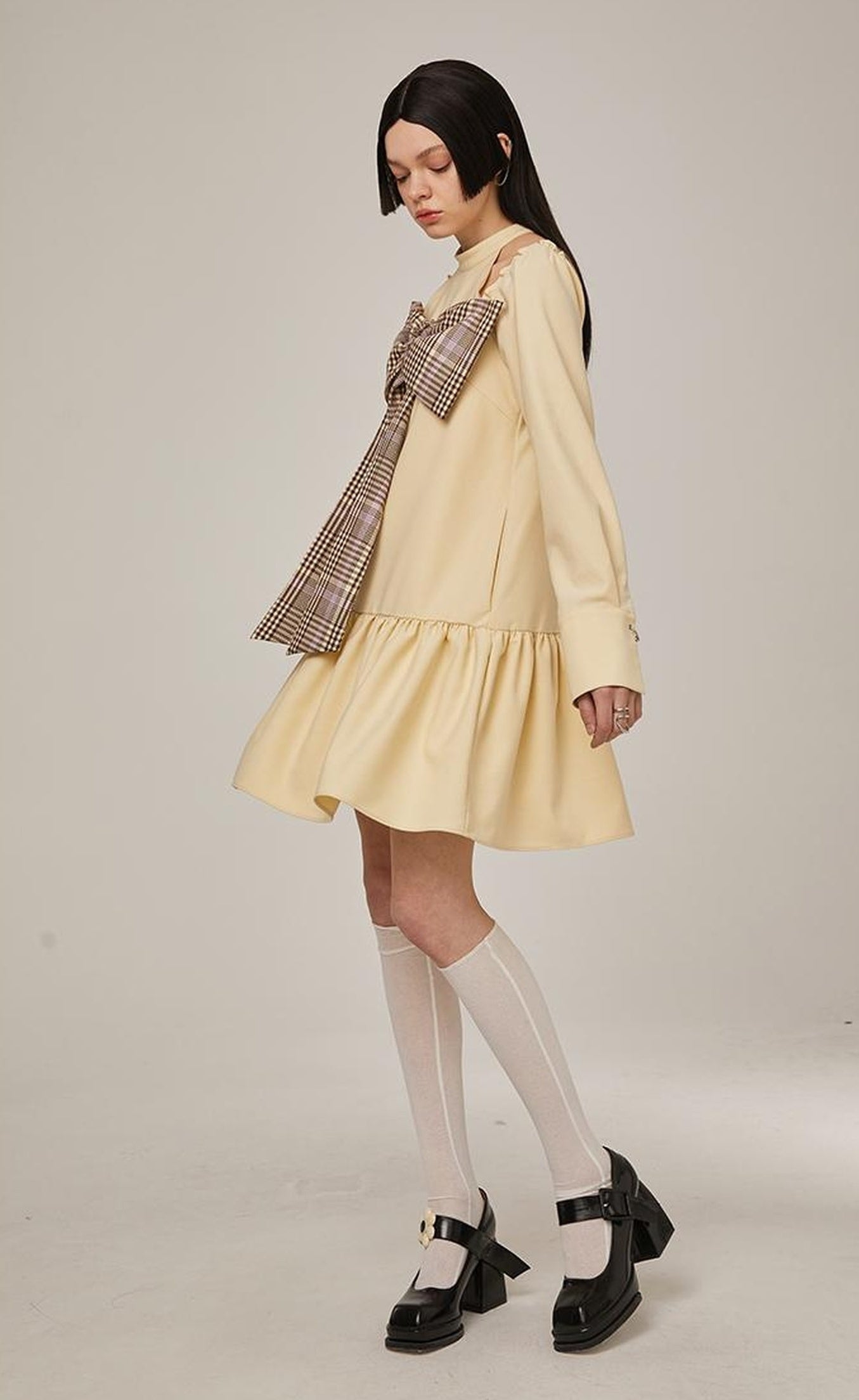 DIDDI MODA Sweet Bow Black Dress Elegant Lace Up Sleeves