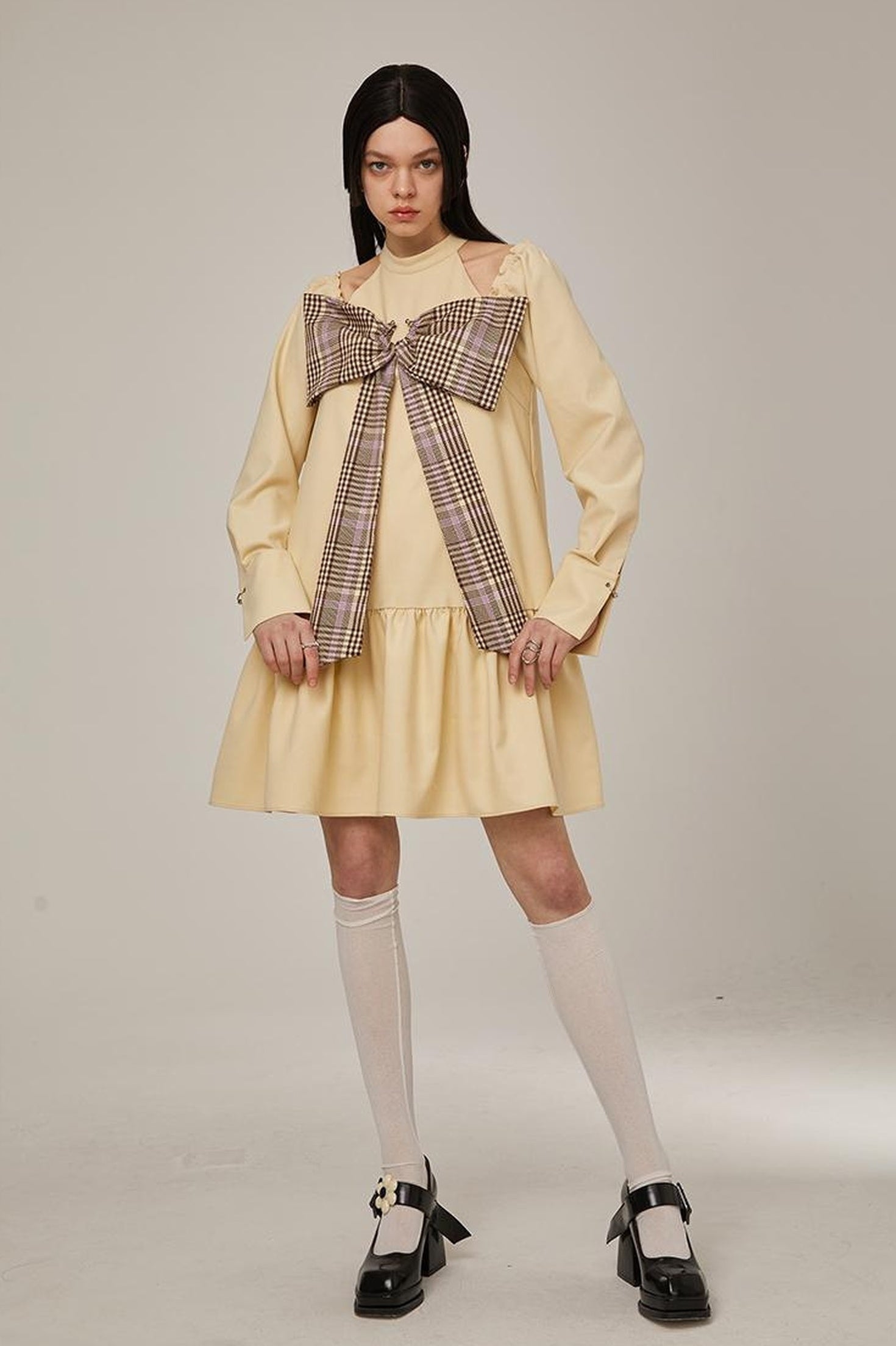 Sweet Bow Black Dress Elegant Lace Up Sleeves