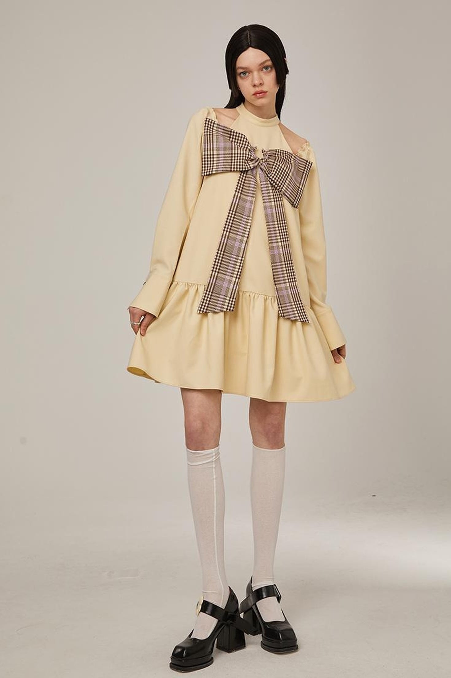 Sweet Bow Black Dress Elegant Lace Up Sleeves