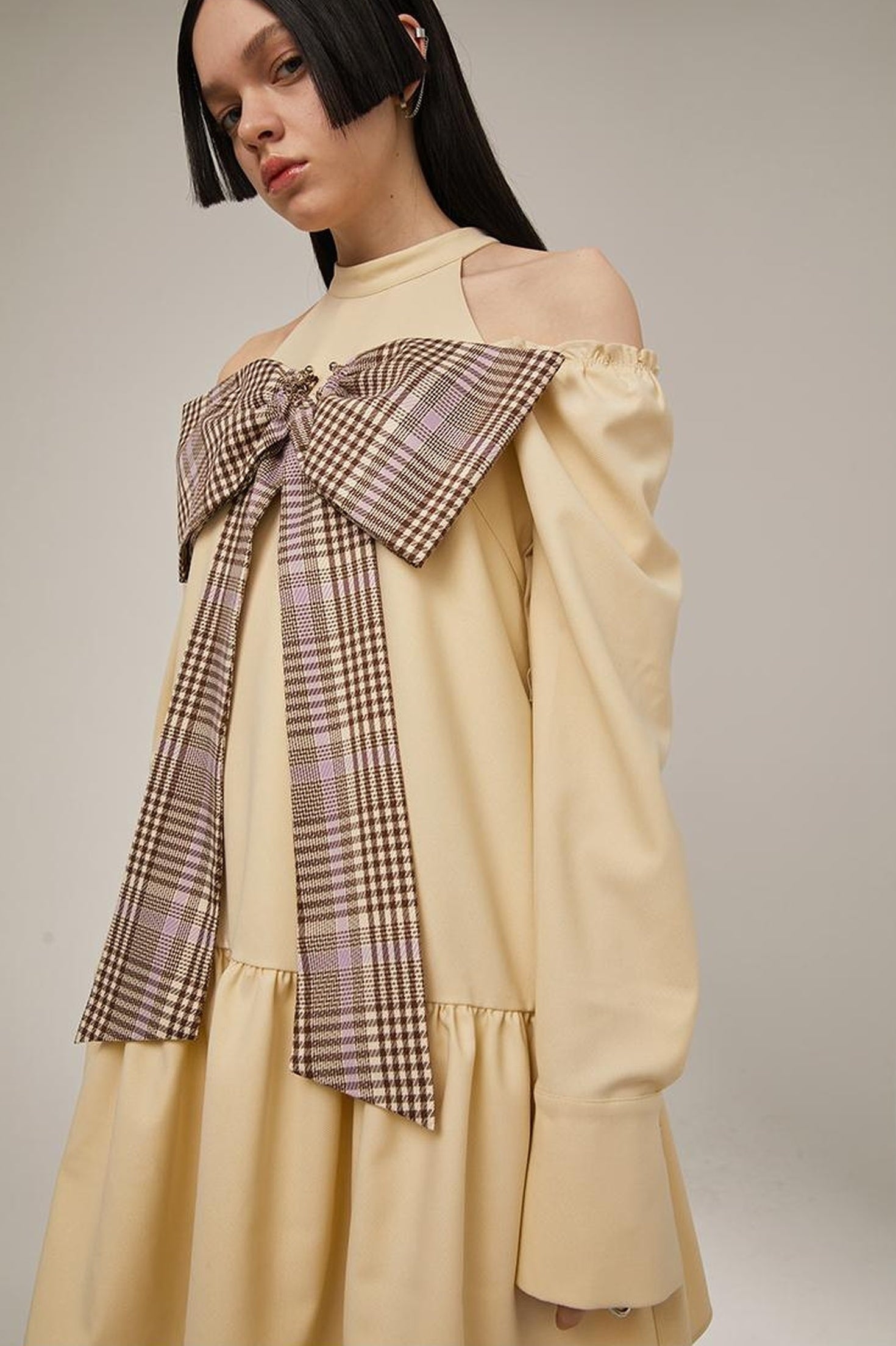 Sweet Bow Black Dress Elegant Lace Up Sleeves