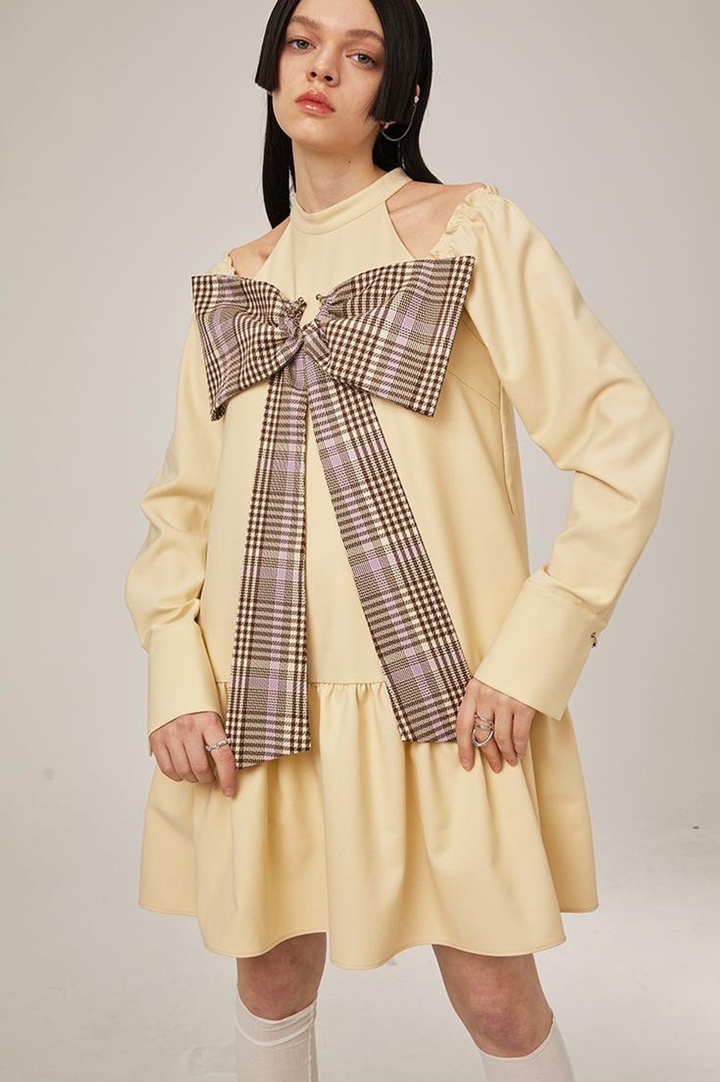 Sweet Bow Black Dress Elegant Lace Up Sleeves