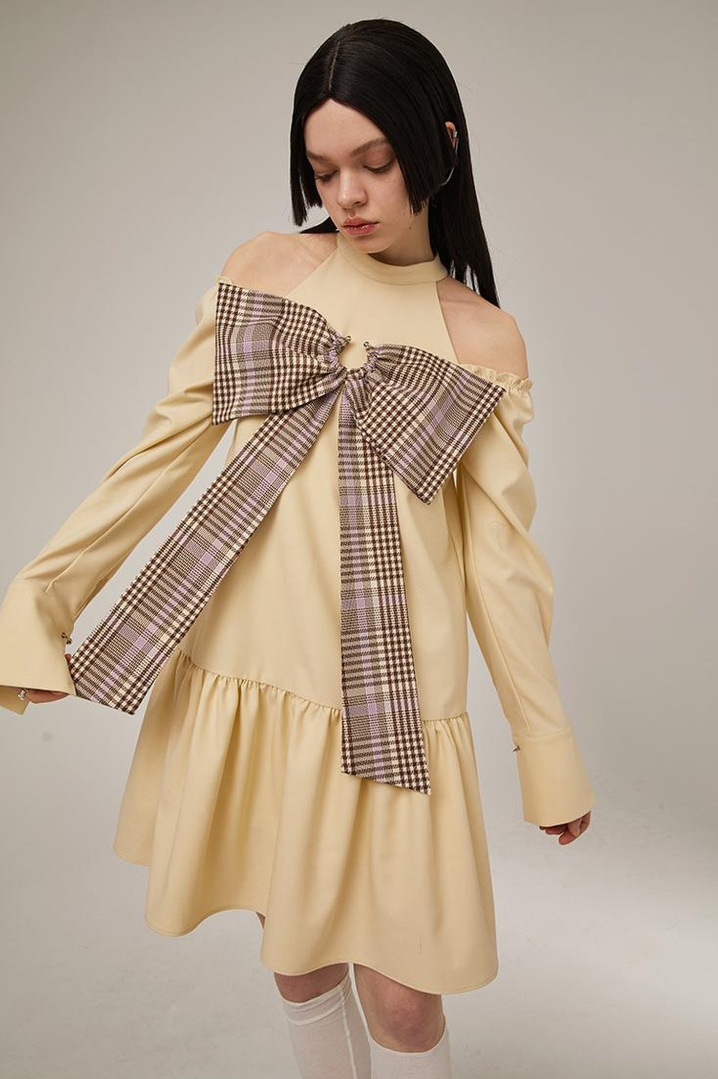 DIDDI MODA Sweet Bow Black Dress Elegant Lace Up Sleeves