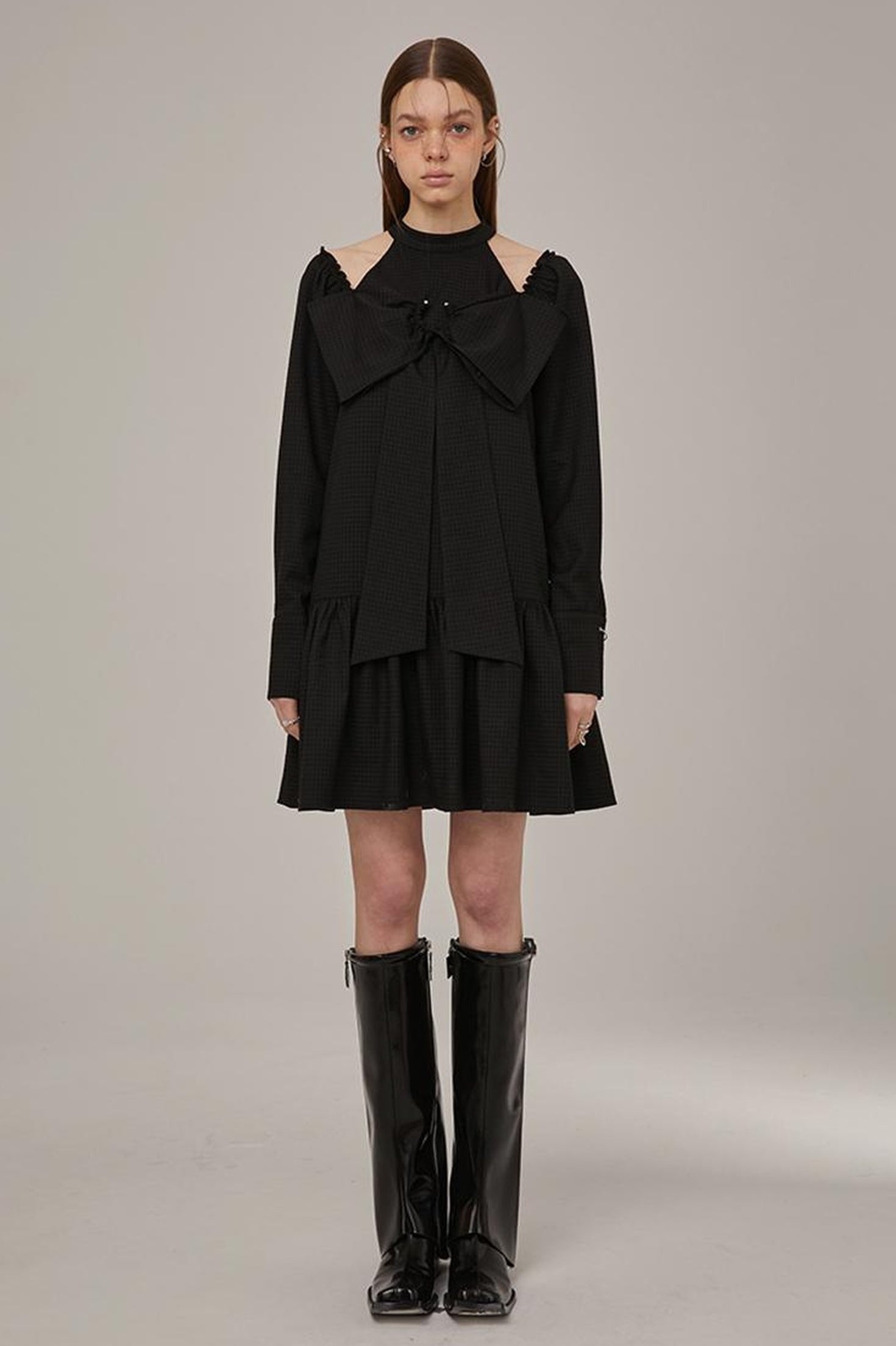 DIDDI MODA Sweet Bow Black Dress Elegant Lace Up Sleeves