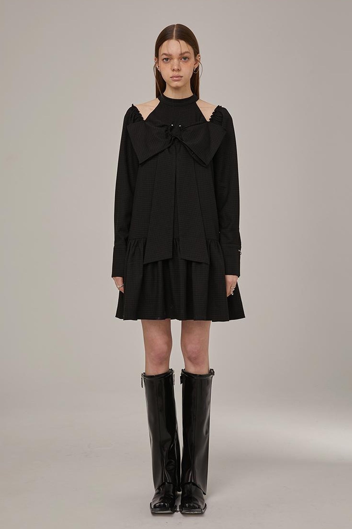 DIDDI MODA Sweet Bow Black Dress Elegant Lace Up Sleeves