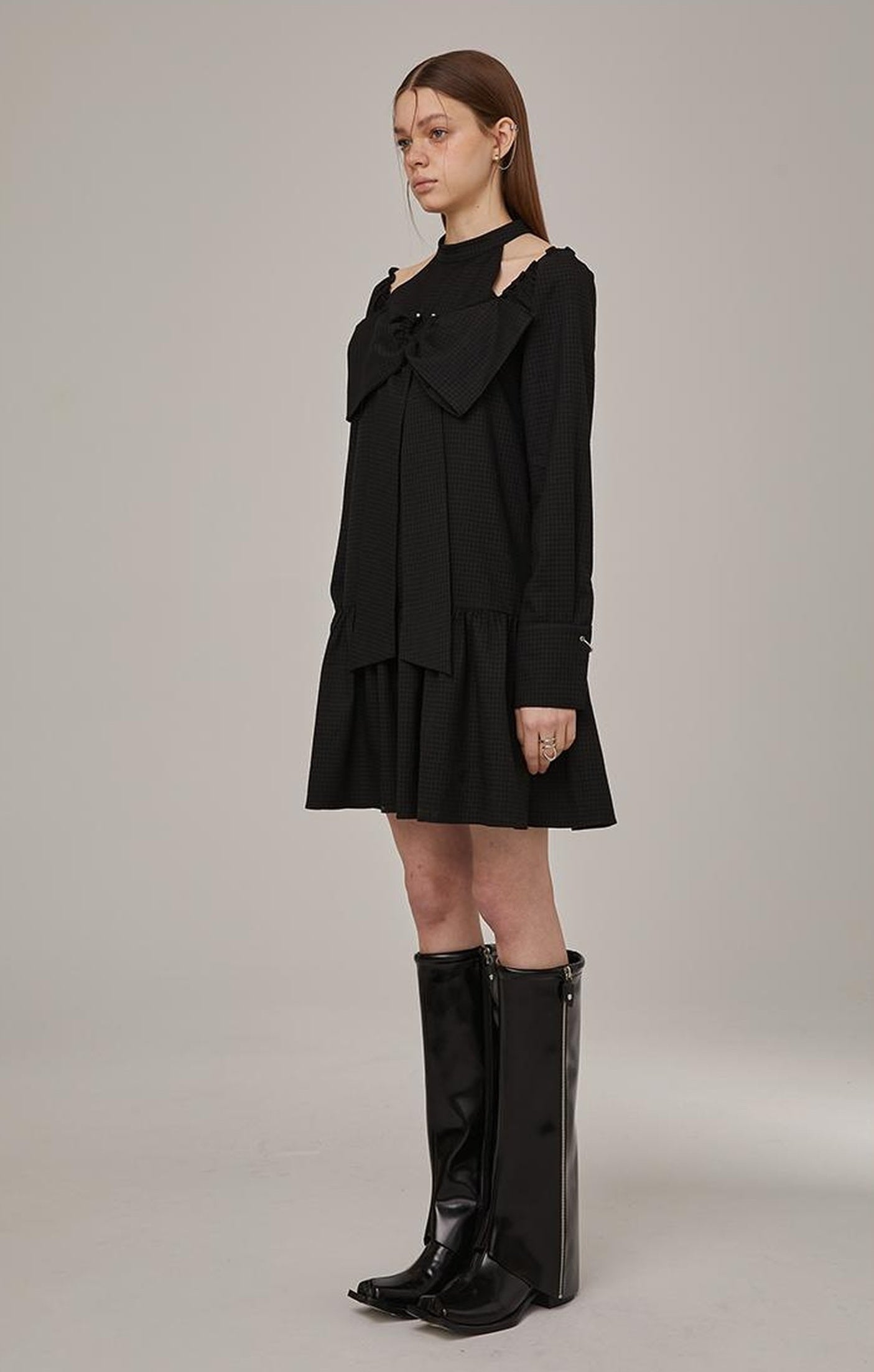 DIDDI MODA Sweet Bow Black Dress Elegant Lace Up Sleeves