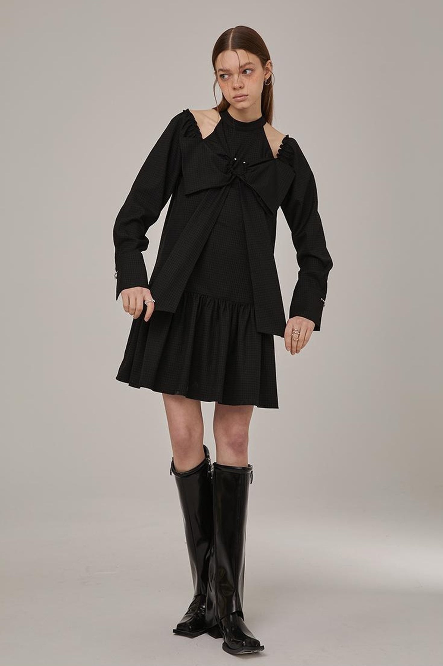 DIDDI MODA Sweet Bow Black Dress Elegant Lace Up Sleeves