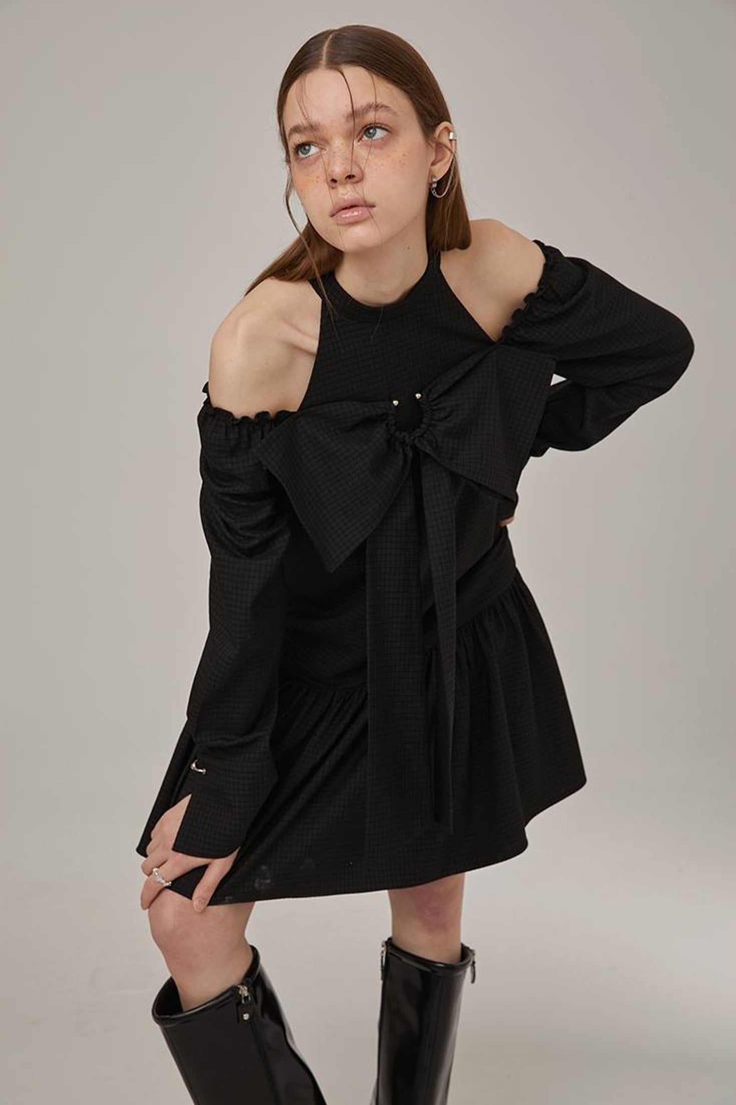 DIDDI MODA Sweet Bow Black Dress Elegant Lace Up Sleeves