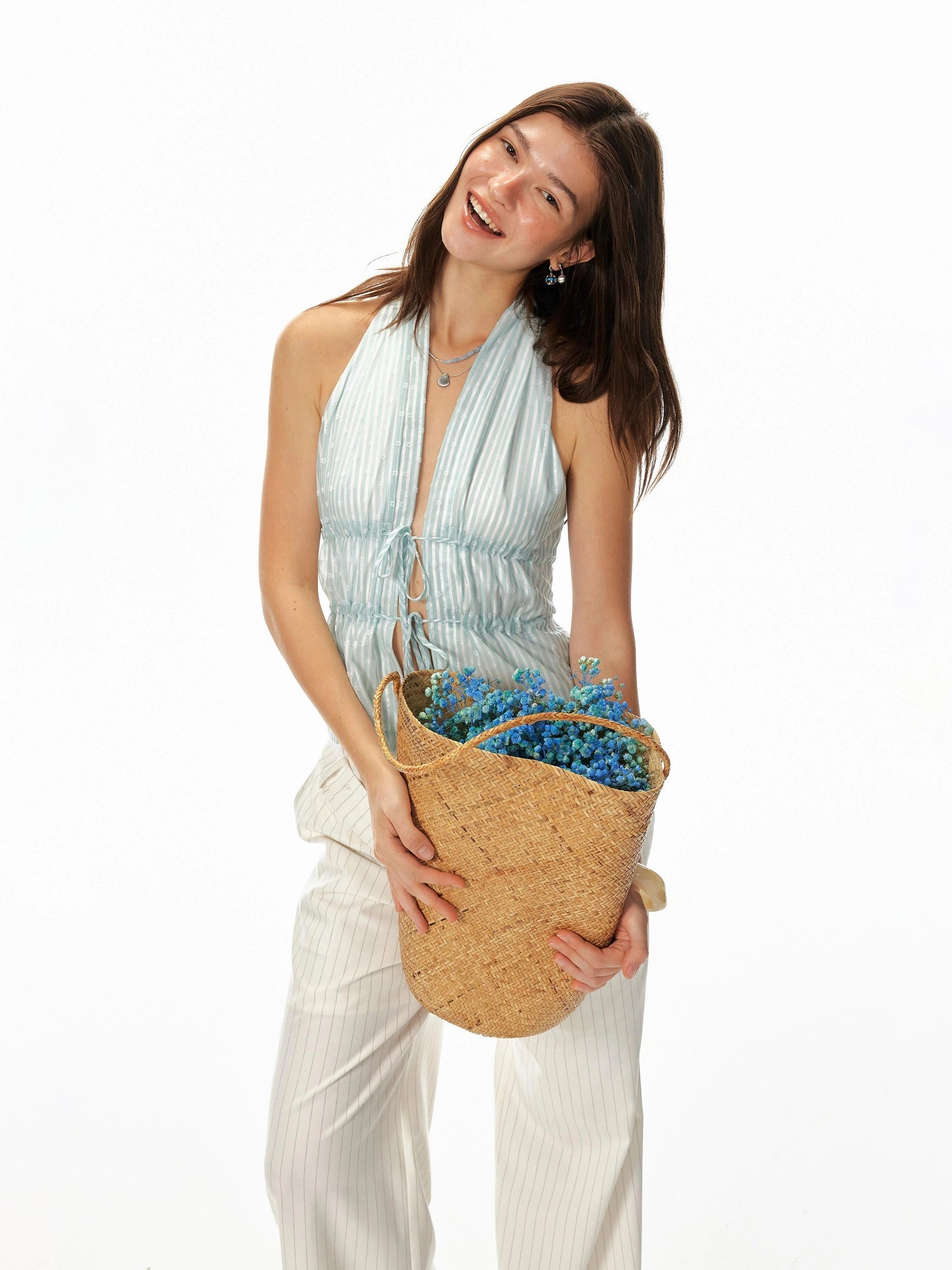 Sweet Comfortable Backless Mesh Striped Ruffle Floral Embroidered Halter Top