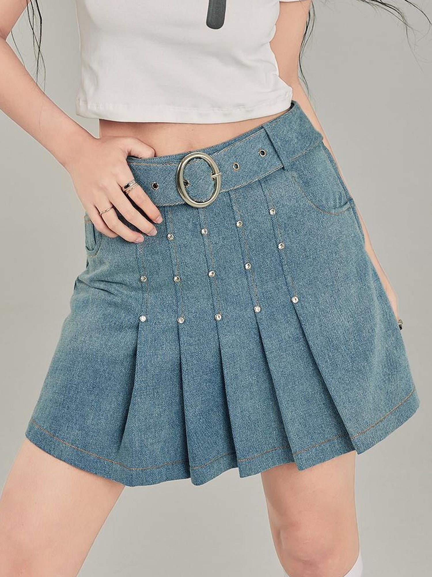 DIDDI MODA Sweet Cool Denim Pleat Skirt