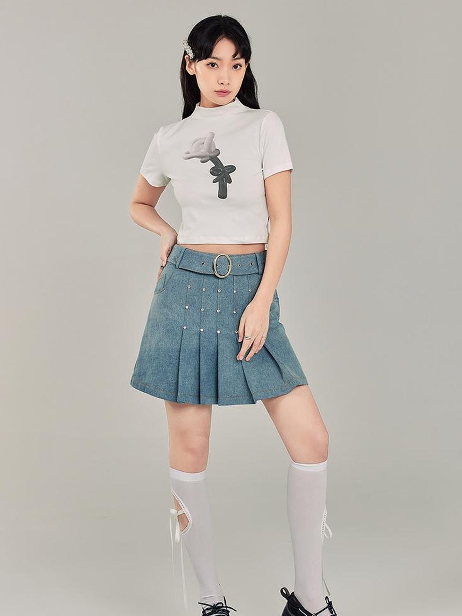 DIDDI MODA Sweet Cool Denim Pleat Skirt