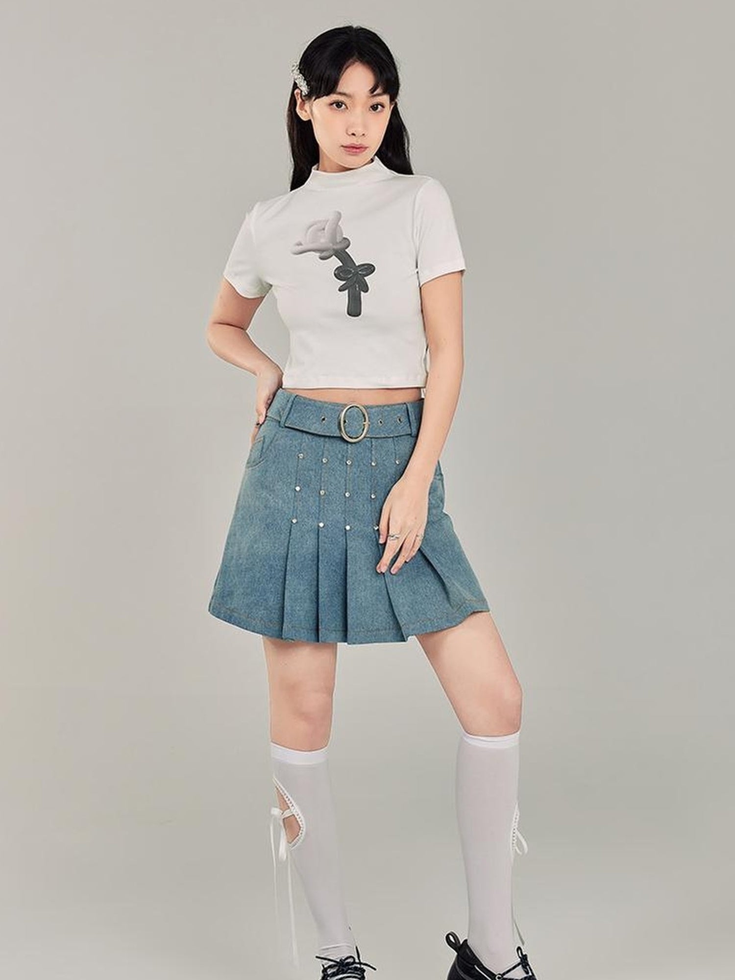 DIDDI MODA Sweet Cool Denim Pleat Skirt