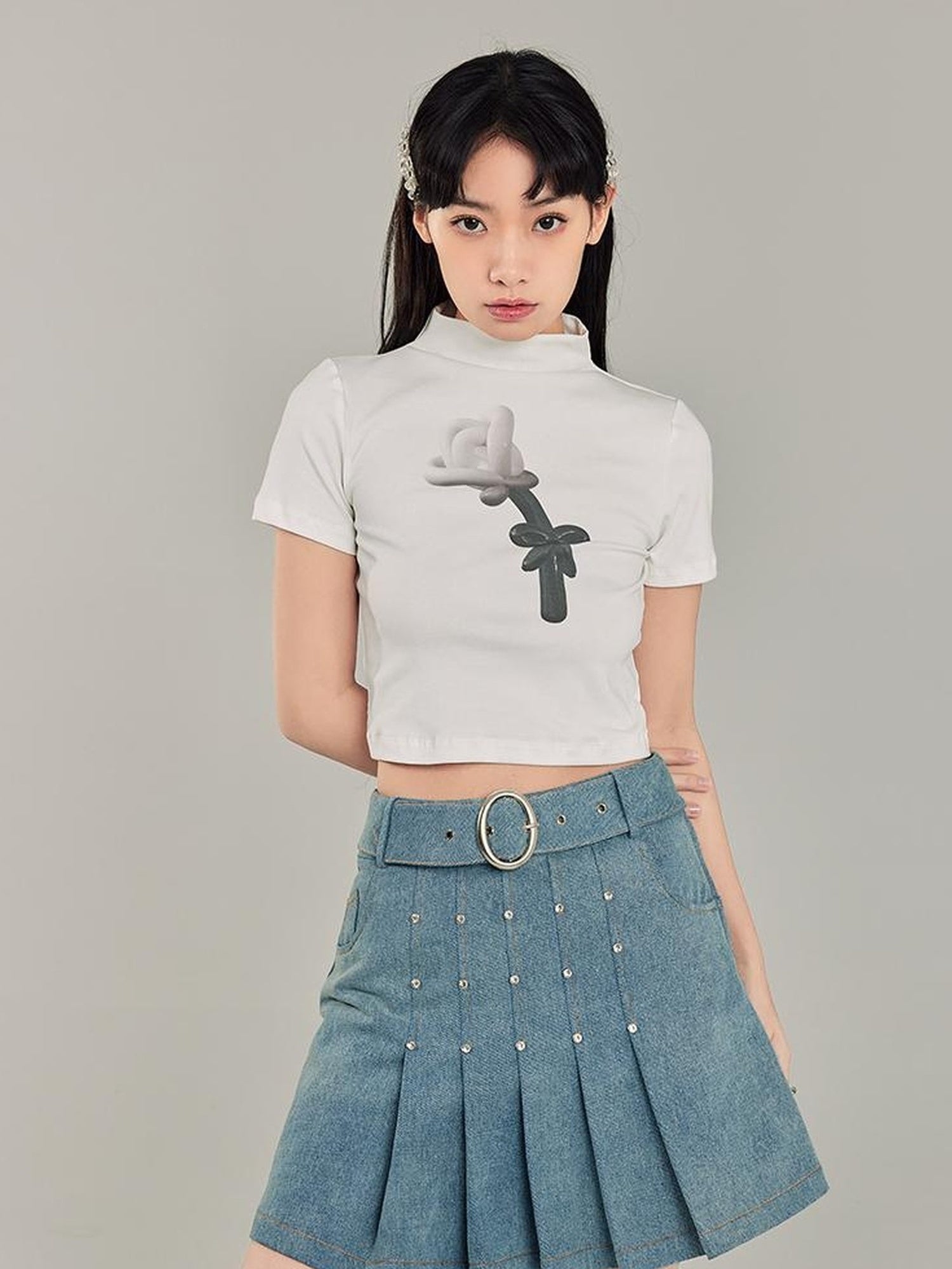 DIDDI MODA Sweet Cool Denim Pleat Skirt