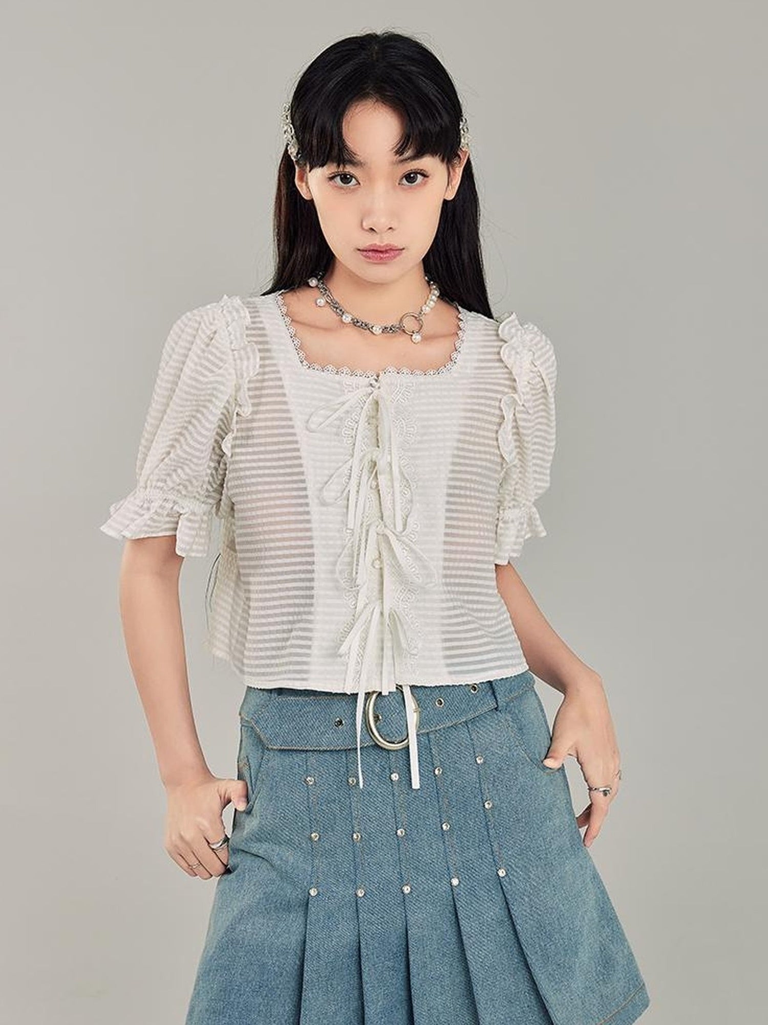 DIDDI MODA Sweet Cool Denim Pleat Skirt