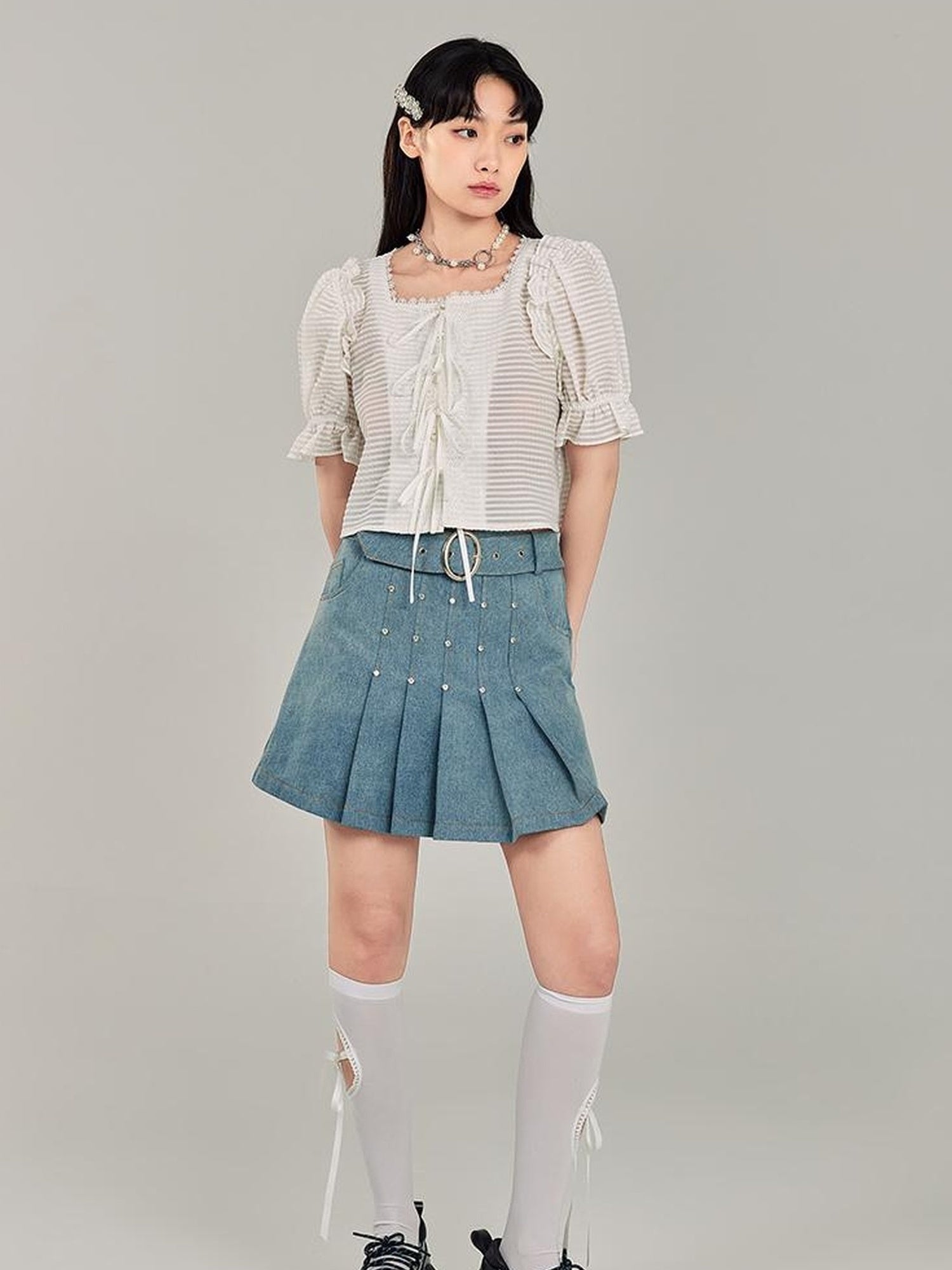 DIDDI MODA Sweet Cool Denim Pleat Skirt