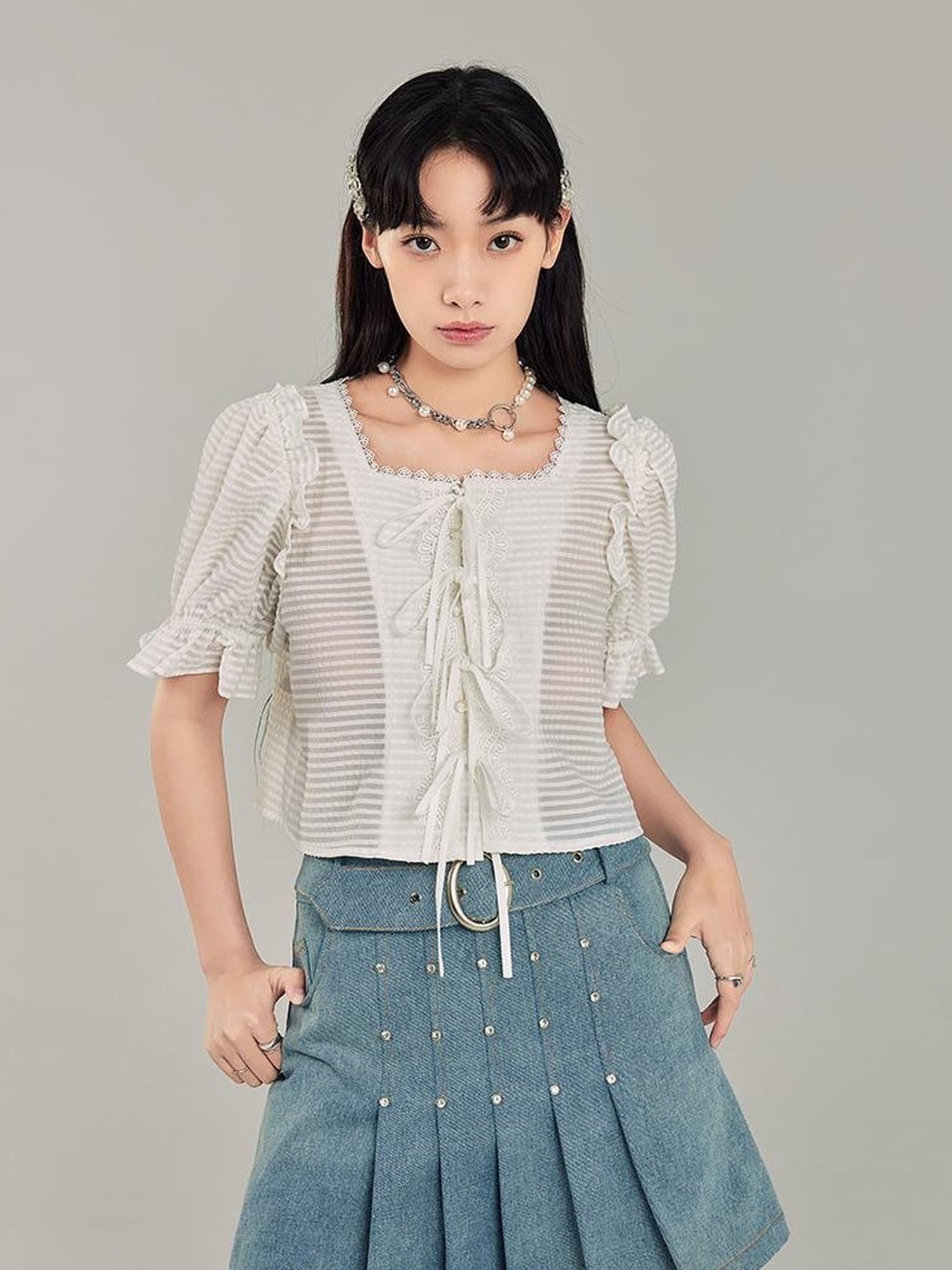 DIDDI MODA Sweet Cool Denim Pleat Skirt