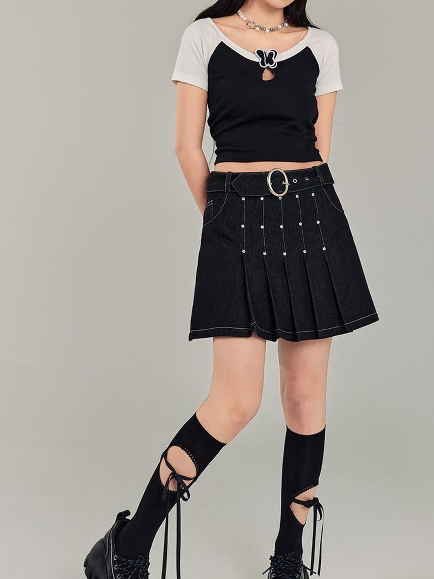 DIDDI MODA Sweet Cool Denim Pleat Skirt