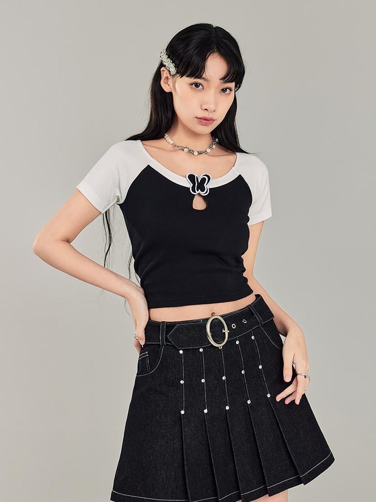 DIDDI MODA Sweet Cool Denim Pleat Skirt