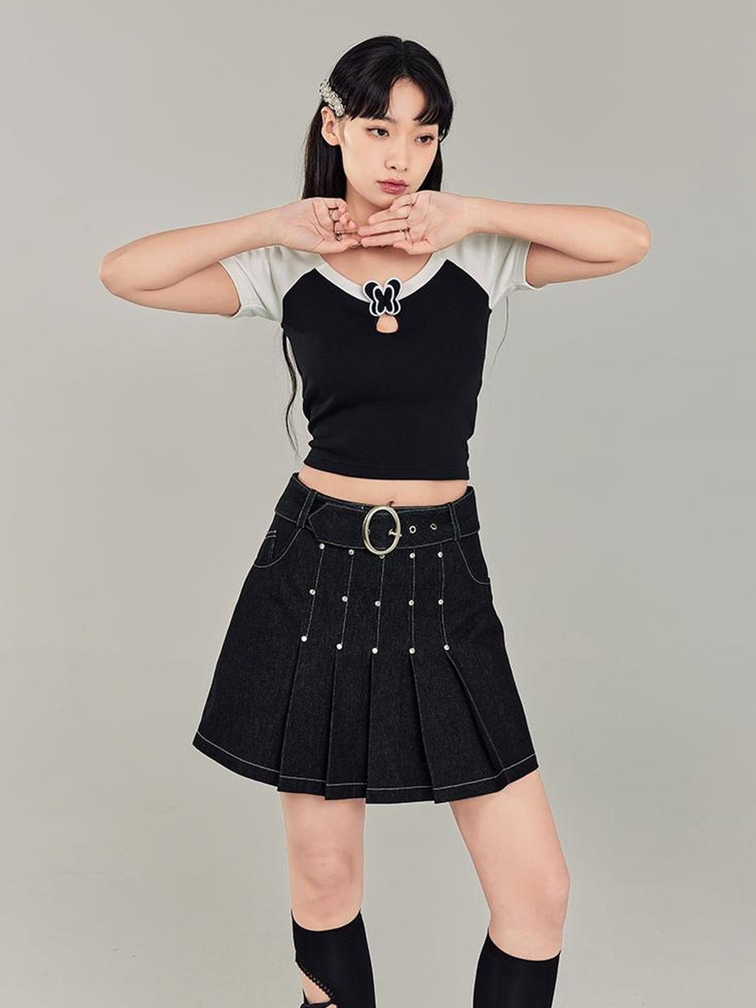 DIDDI MODA Sweet Cool Denim Pleat Skirt