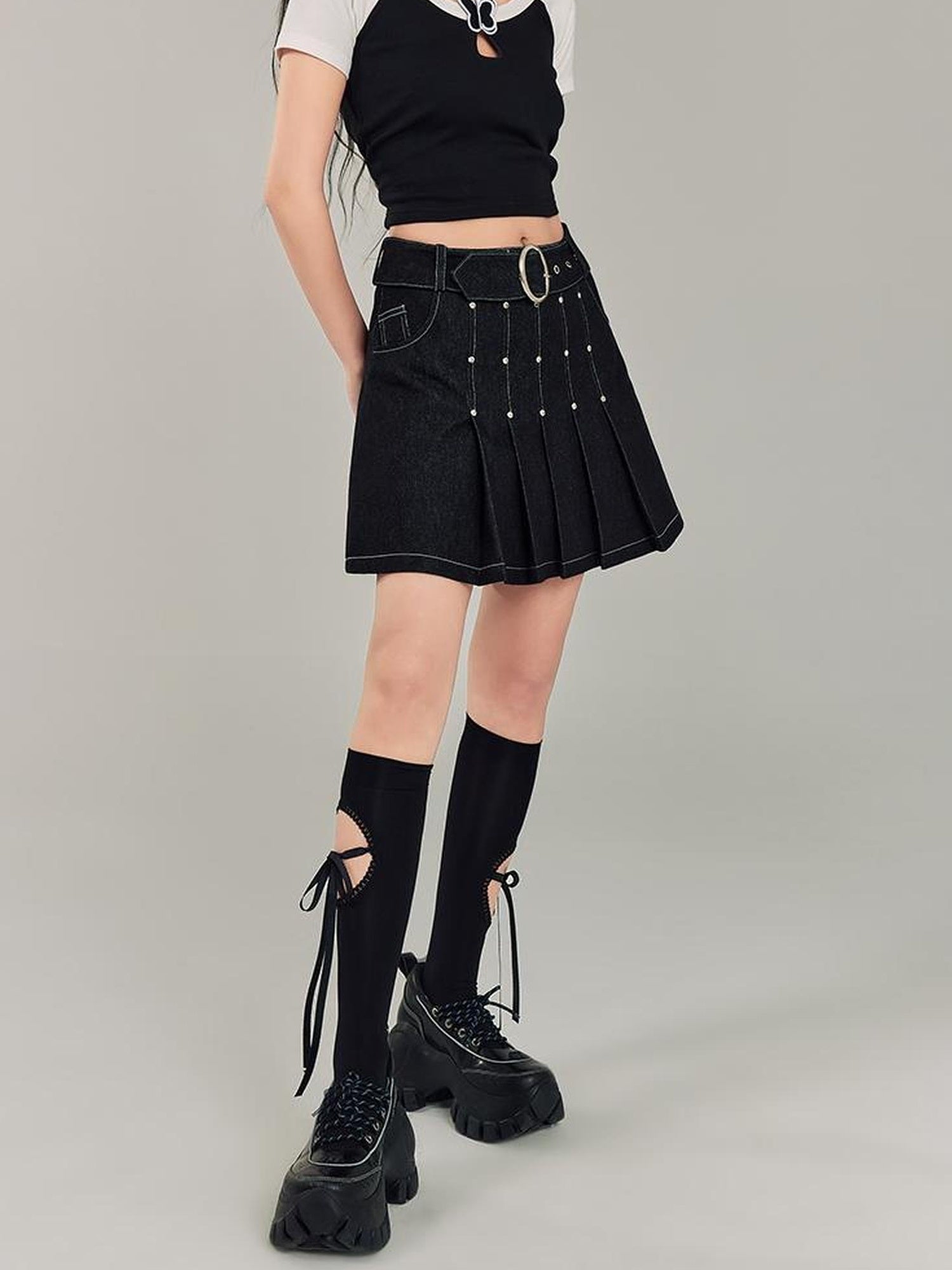 DIDDI MODA Sweet Cool Denim Pleat Skirt