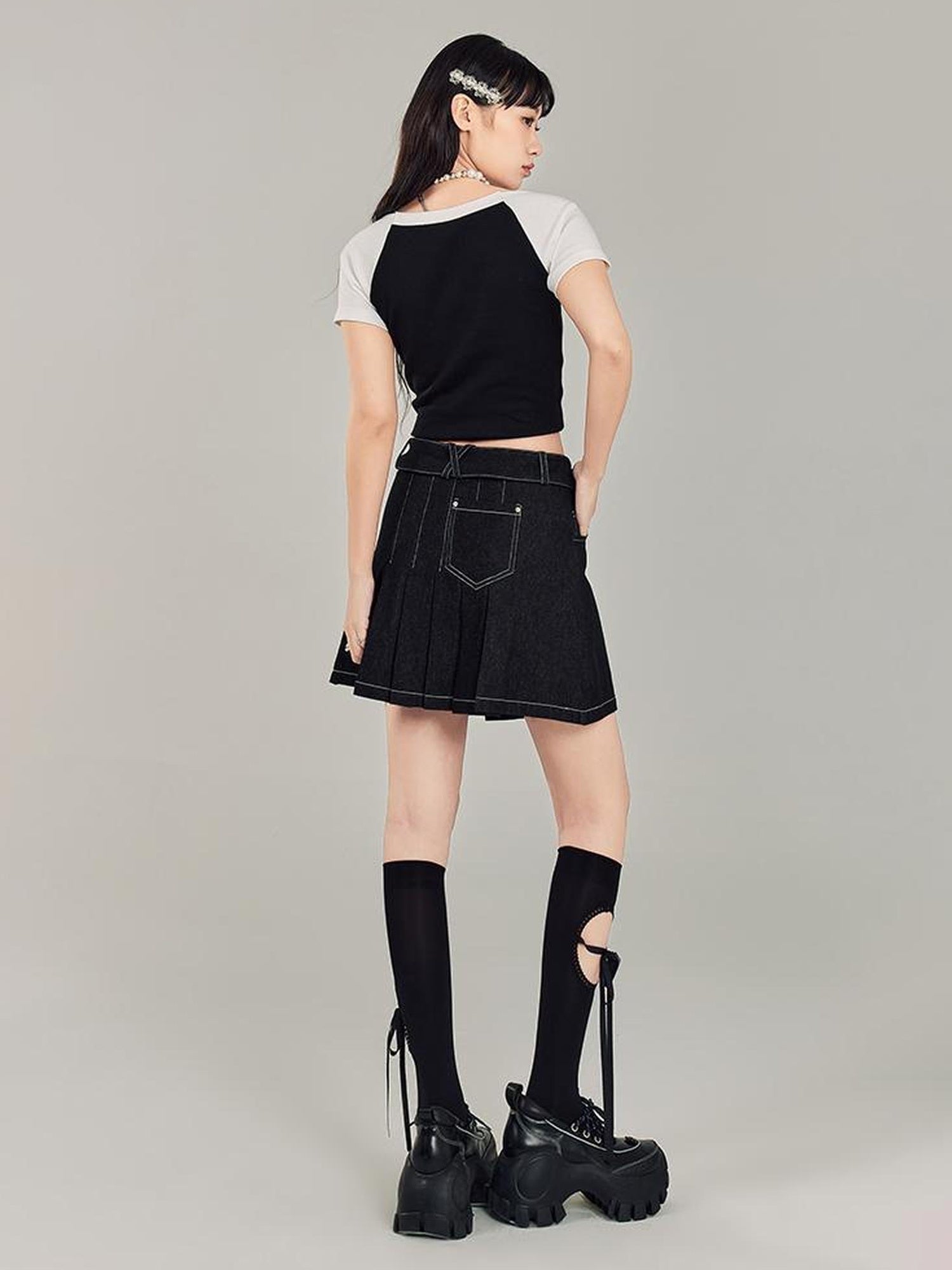 DIDDI MODA Sweet Cool Denim Pleat Skirt