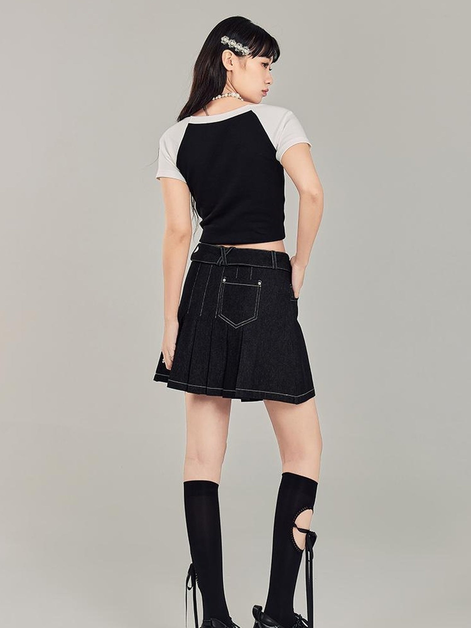 DIDDI MODA Sweet Cool Denim Pleat Skirt