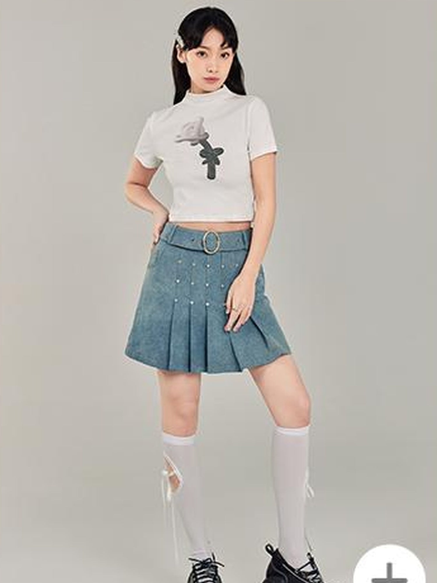 DIDDI MODA Sweet Cool Denim Pleat Skirt