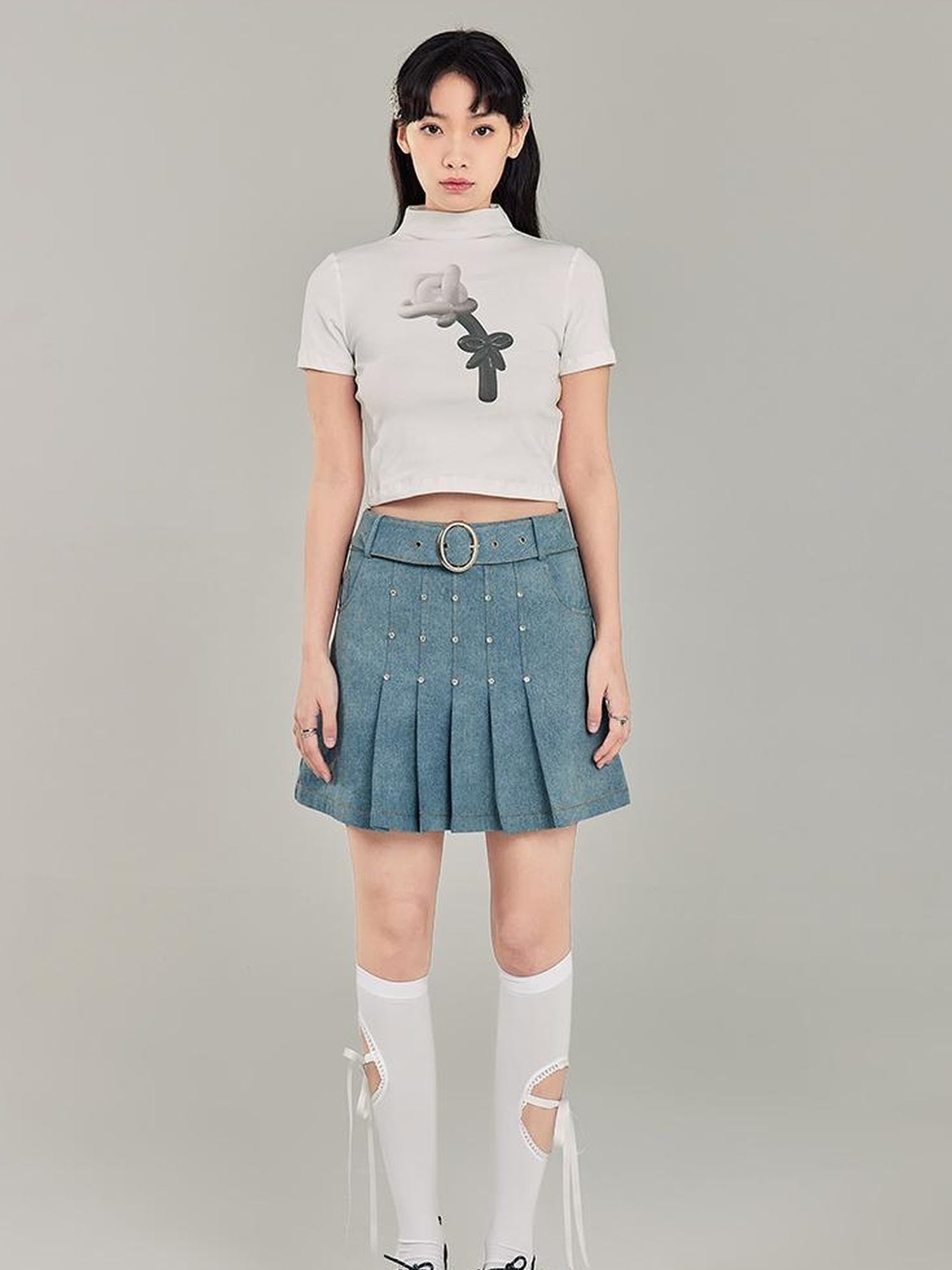 DIDDI MODA Sweet Cool Denim Pleat Skirt