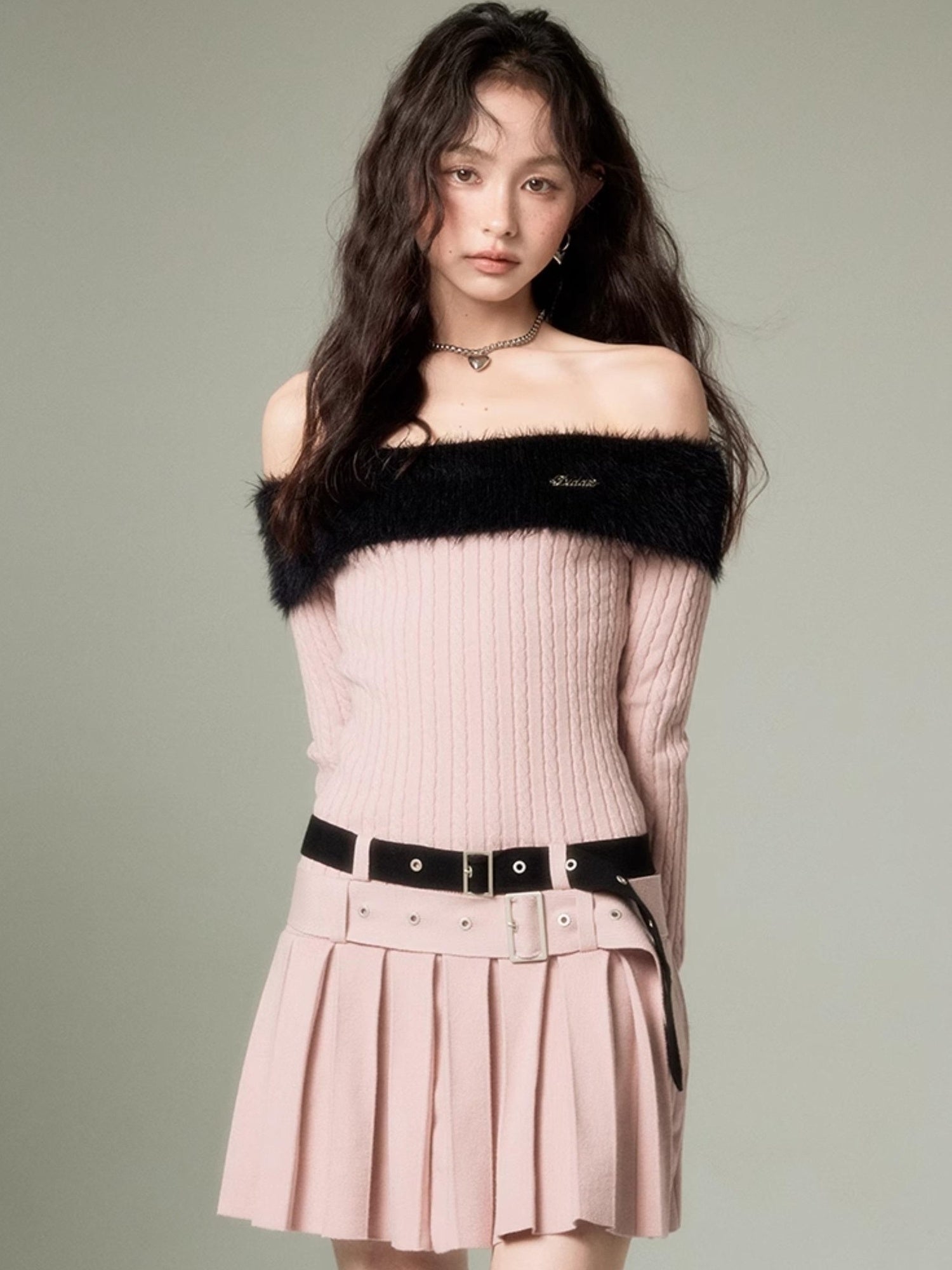 DIDDI MODA Sweet Cool Off Shoulder Knit Set With Dual Belts