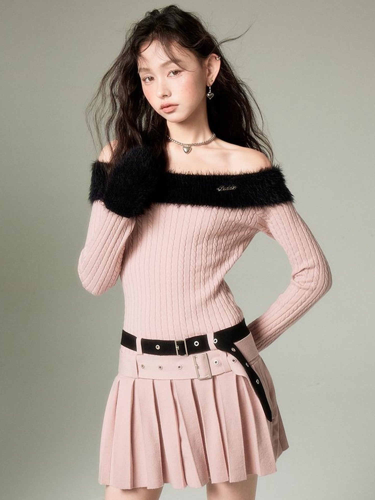 DIDDI MODA Sweet Cool Off Shoulder Knit Set With Dual Belts