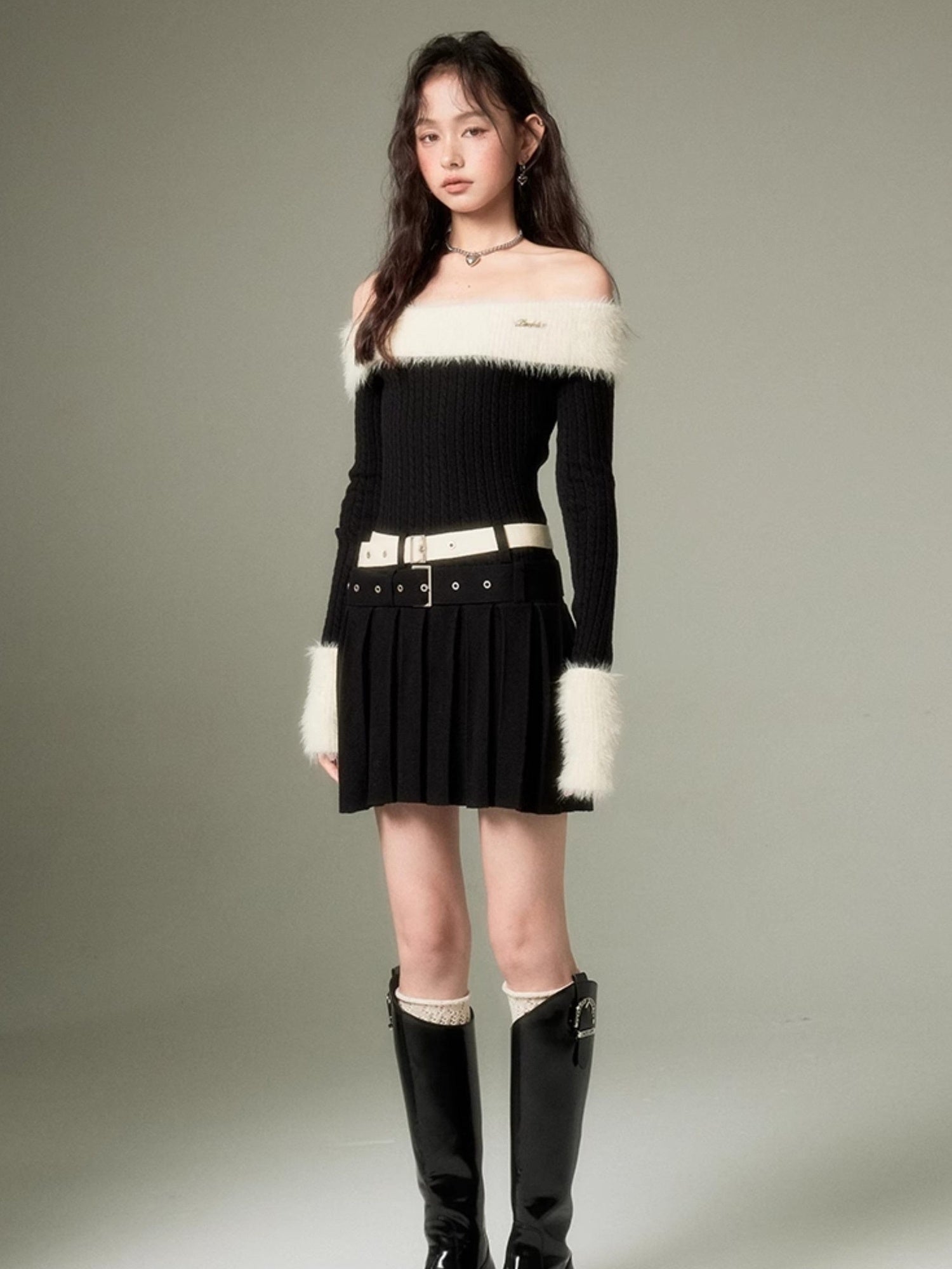 DIDDI MODA Sweet Cool Off Shoulder Knit Set With Dual Belts