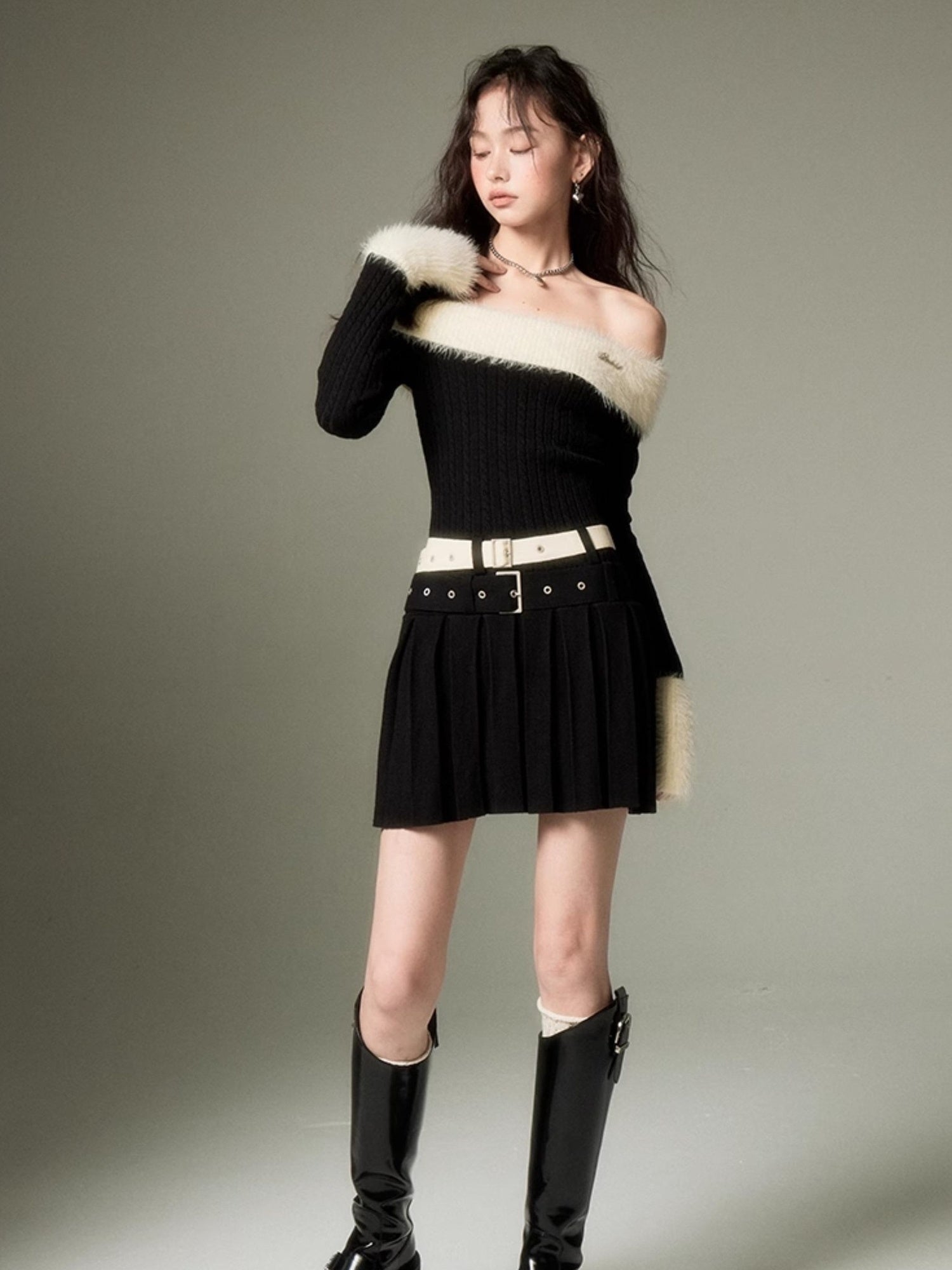 DIDDI MODA Sweet Cool Off Shoulder Knit Set With Dual Belts