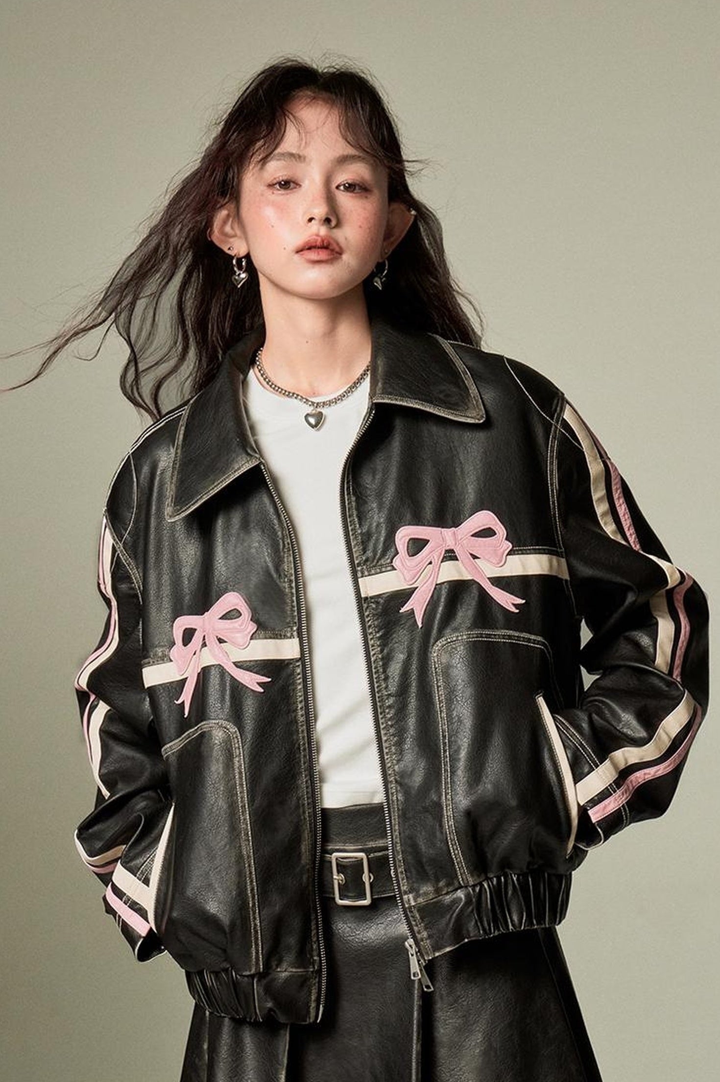 DIDDI MODA Sweet Crush Bow Vintage Pu Jacket