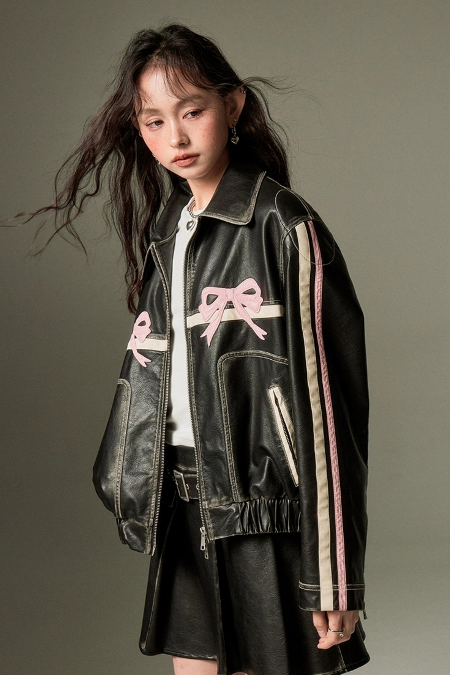 DIDDI MODA Sweet Crush Bow Vintage Pu Jacket