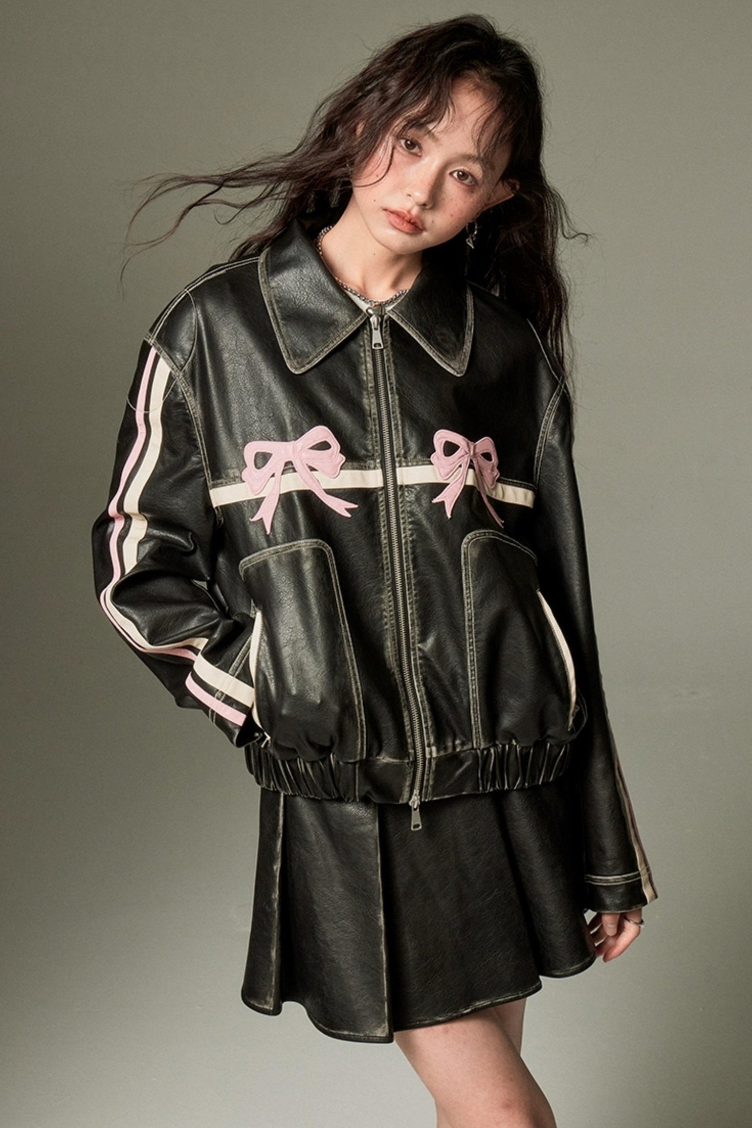 DIDDI MODA Sweet Crush Bow Vintage Pu Jacket